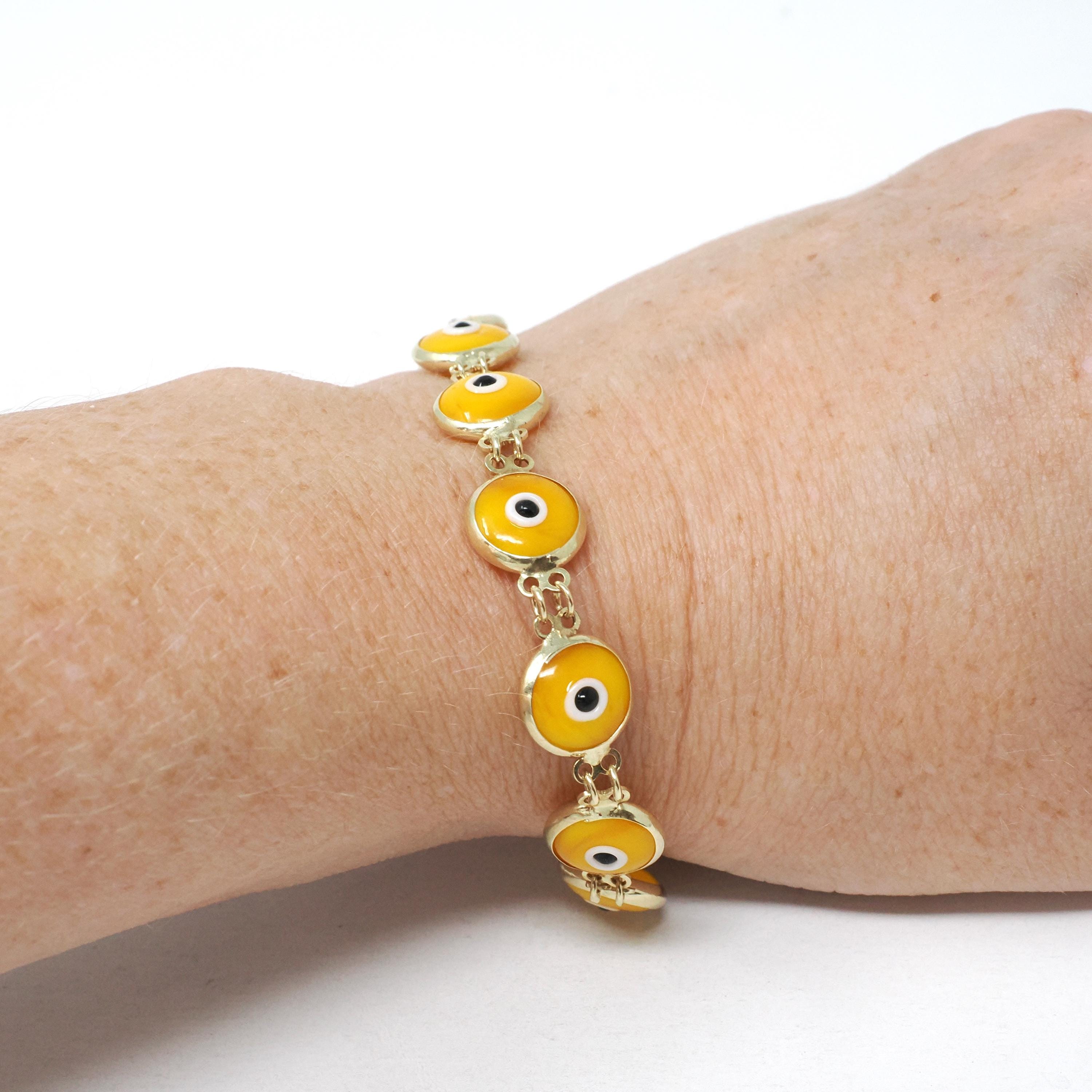 Evil Eye Bracelet - Contemporary 14k Yellow Gold Round Yellow Glass Bezel Links - Circa 2000's Tennis Style Protection Fine Fashion Jewelry