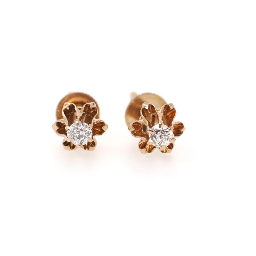 Antique Diamond Earrings - Edwardian 14k Rose Gold Buttercup Old European .20 CTW Gems - Vintage Circa 1900s Era Threaded Backs Fine Jewelry