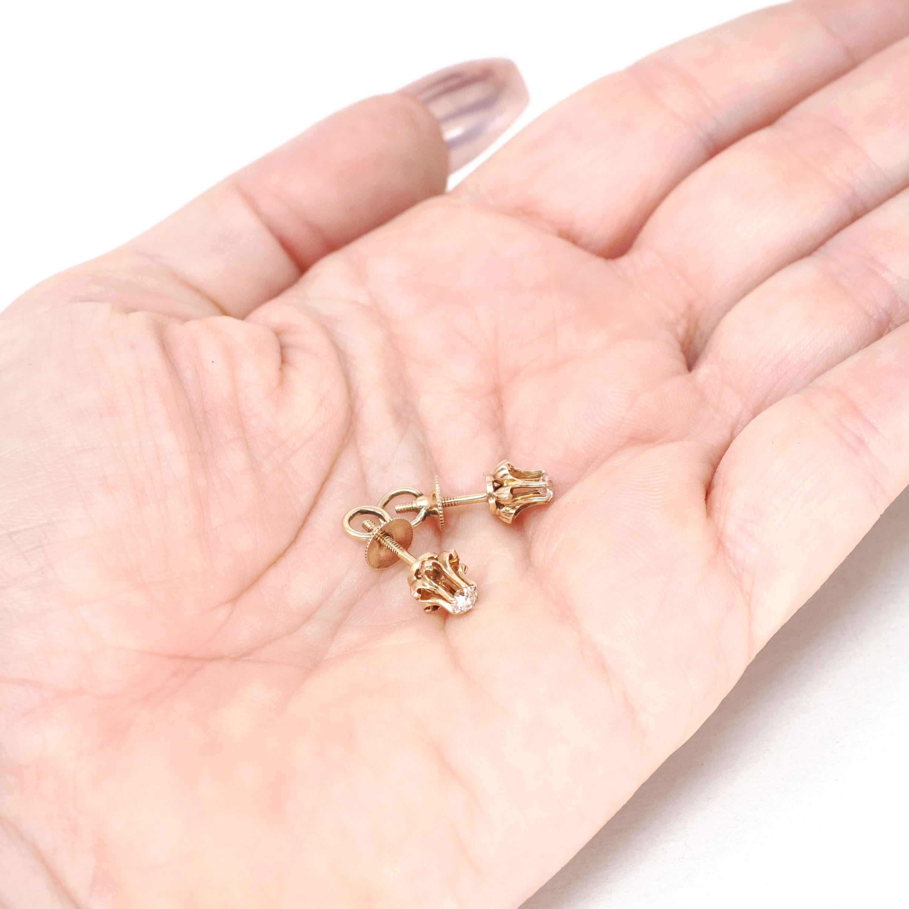 Antique Diamond Earrings - Edwardian 14k Rose Gold Buttercup Old European .20 CTW Gems - Vintage Circa 1900s Era Threaded Backs Fine Jewelry