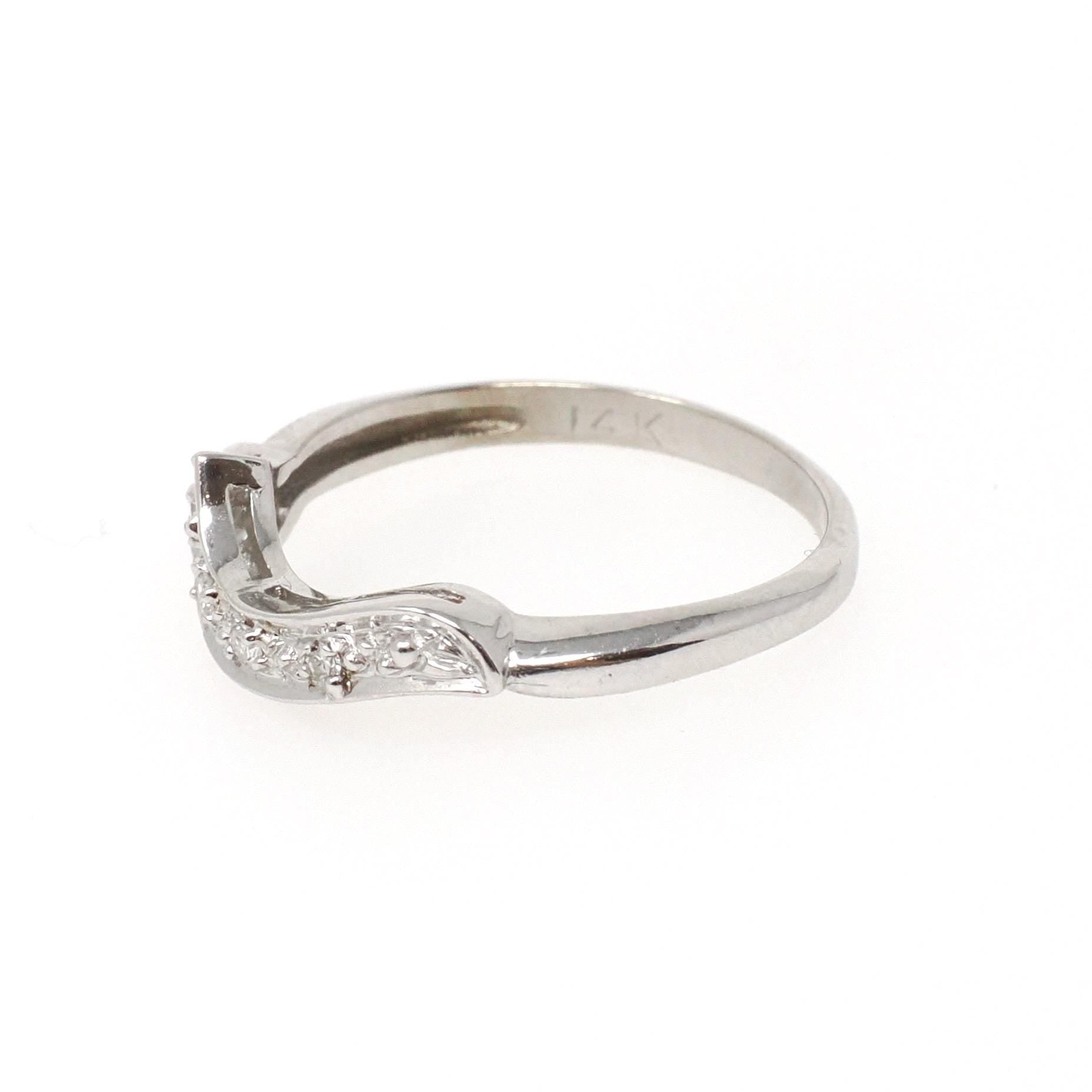Asymmetrical Diamond Band - Mid Century 14k White Gold Curved Ring Enhancer - Vintage Circa 1960s Era Size 4 1/2 Engagement Fine Jewelry