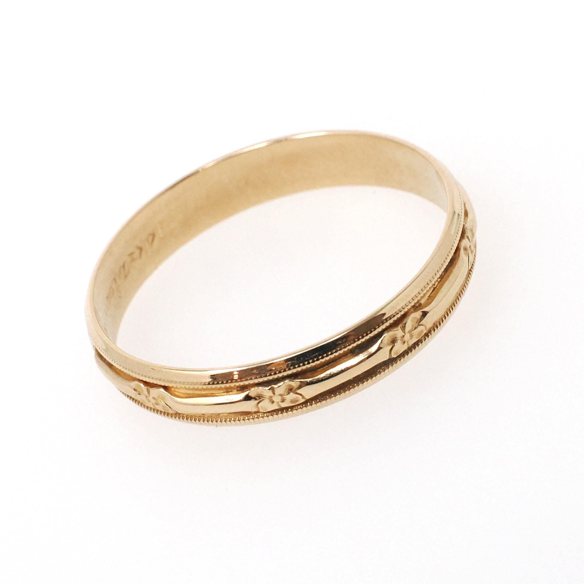 Eternity Flower Band - Retro 14k Yellow Gold Floral Stacking Wedding Ring - Circa 1950s Size 12 Unisex 4.2 MM Milgrain Bridal Fine Jewelry