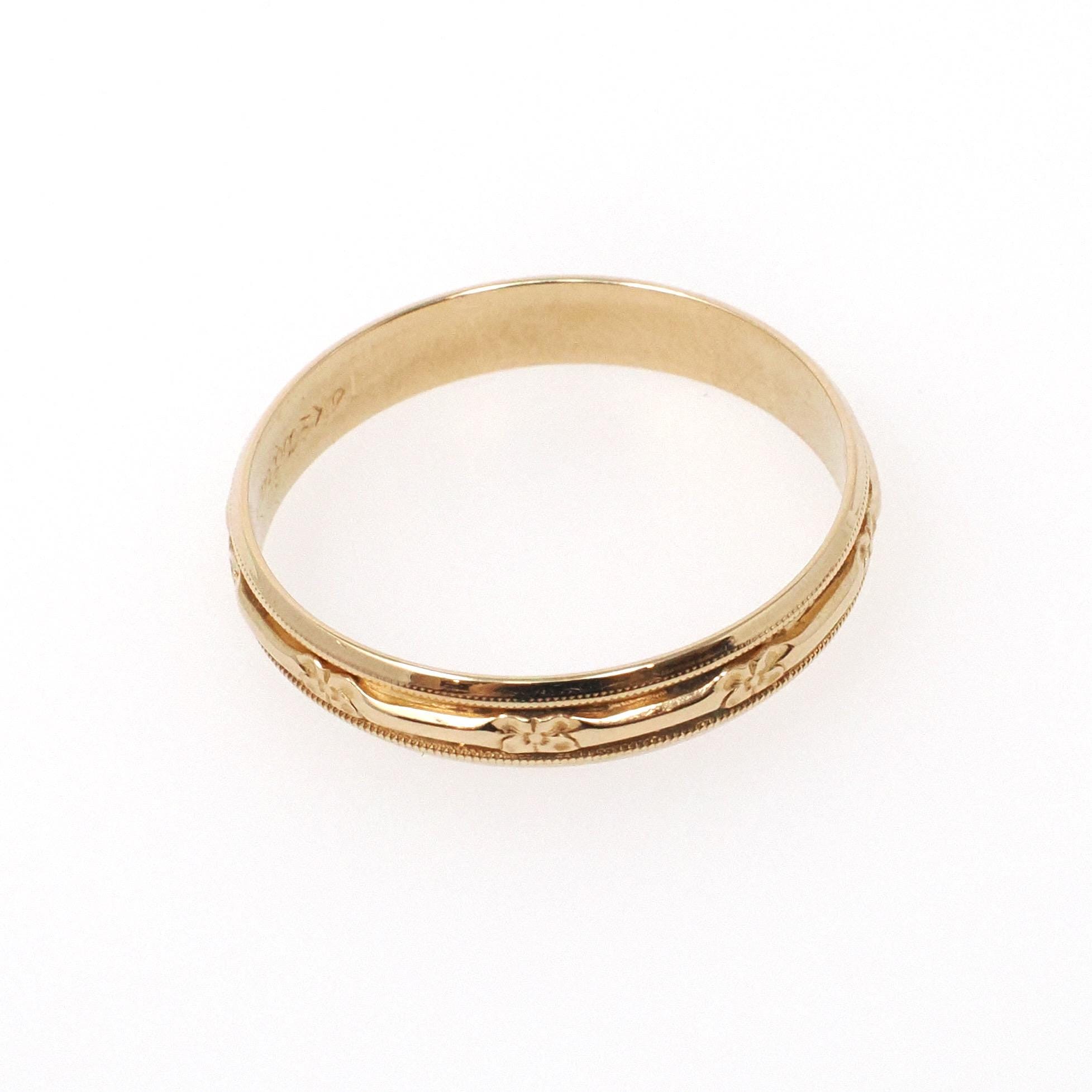 Eternity Flower Band - Retro 14k Yellow Gold Floral Stacking Wedding Ring - Circa 1950s Size 12 Unisex 4.2 MM Milgrain Bridal Fine Jewelry