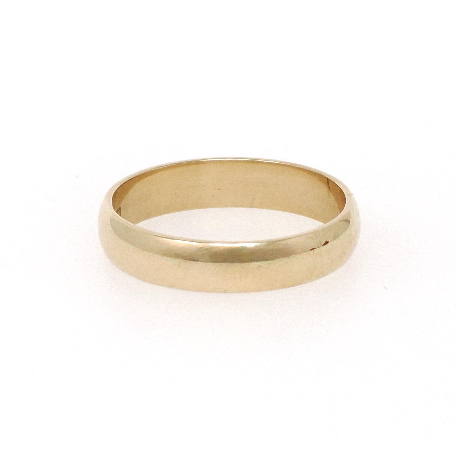Modern Wedding Band - English 9k Yellow Gold 3.8 MM Half Round Ring - Circa 1980s Era Size 5 3/4 Bold Gold Stacking Fine Bridal Jewelry