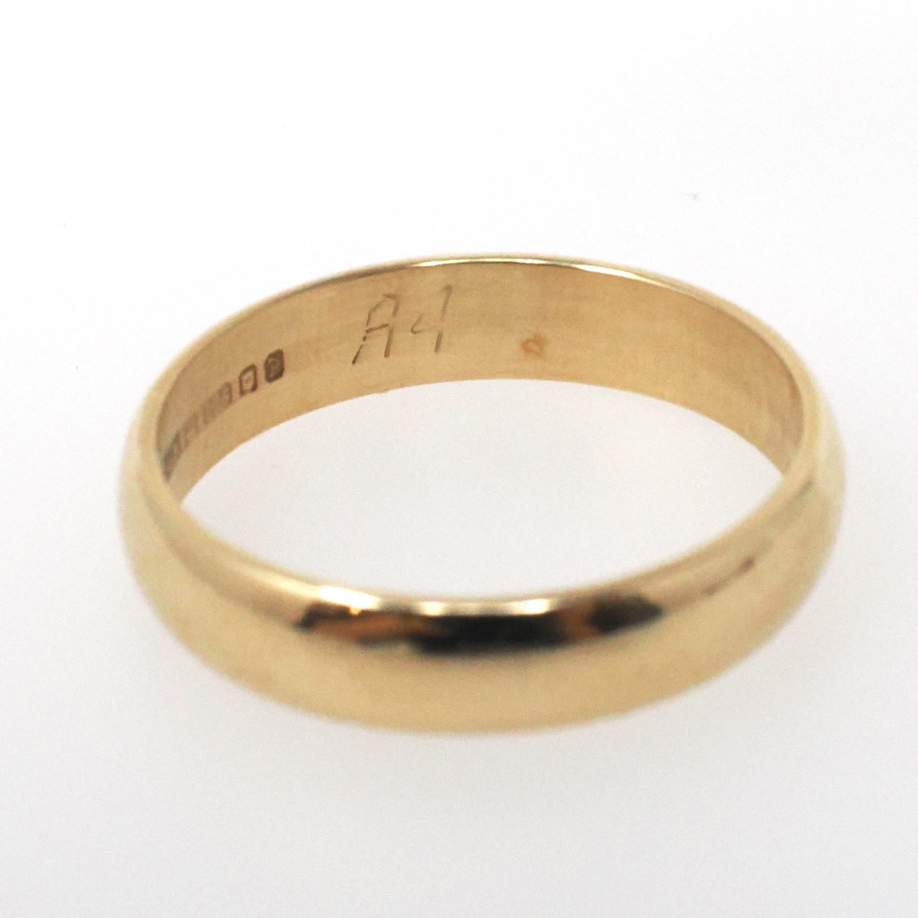 Modern Wedding Band - English 9k Yellow Gold 3.8 MM Half Round Ring - Circa 1980s Era Size 5 3/4 Bold Gold Stacking Fine Bridal Jewelry