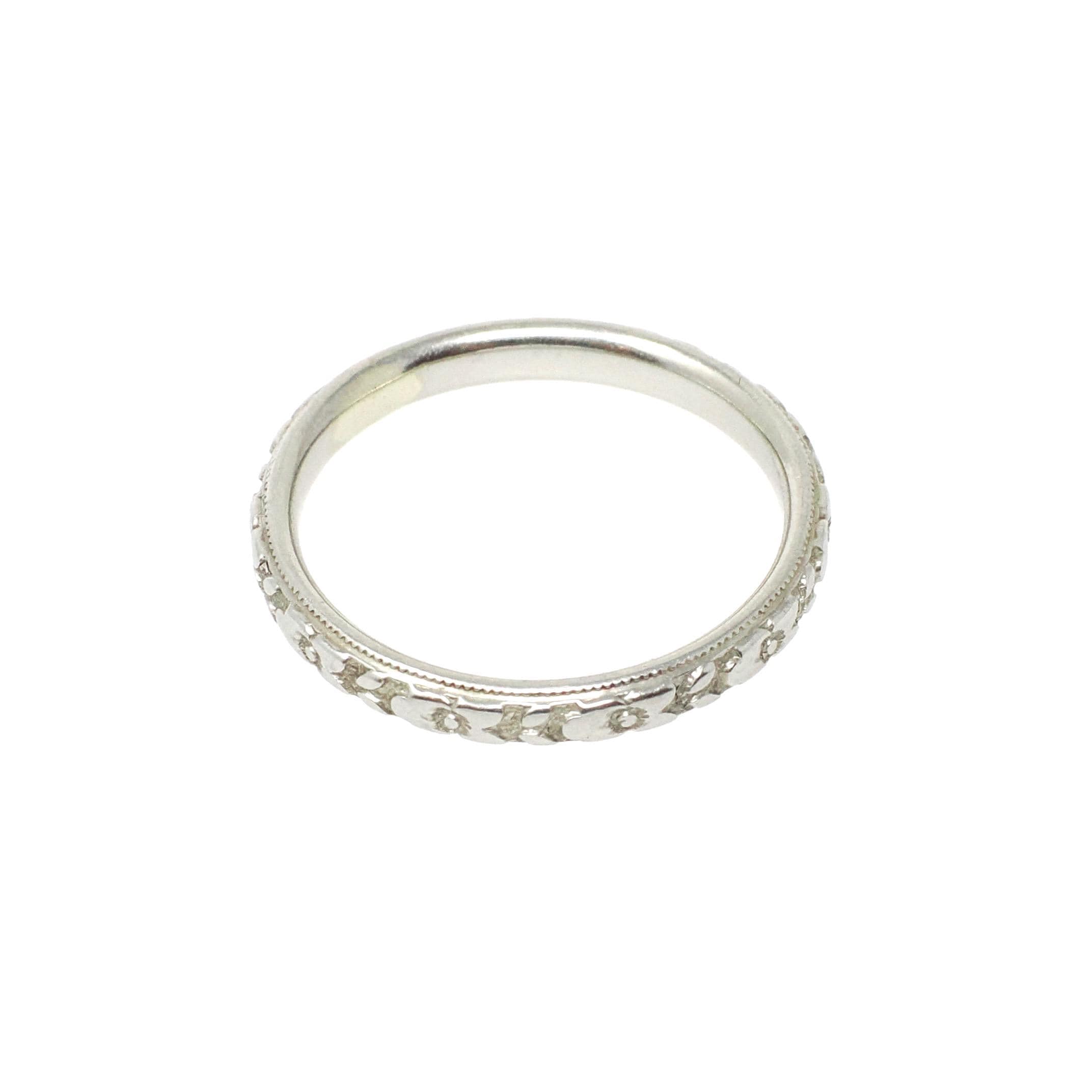 Art Deco Wedding Band - Antique 18k White Gold Orange Blossom 2.6 MM Eternity Ring - Circa 1920s Era Size 5 3/4 Engraved Bridal Fine Jewelry