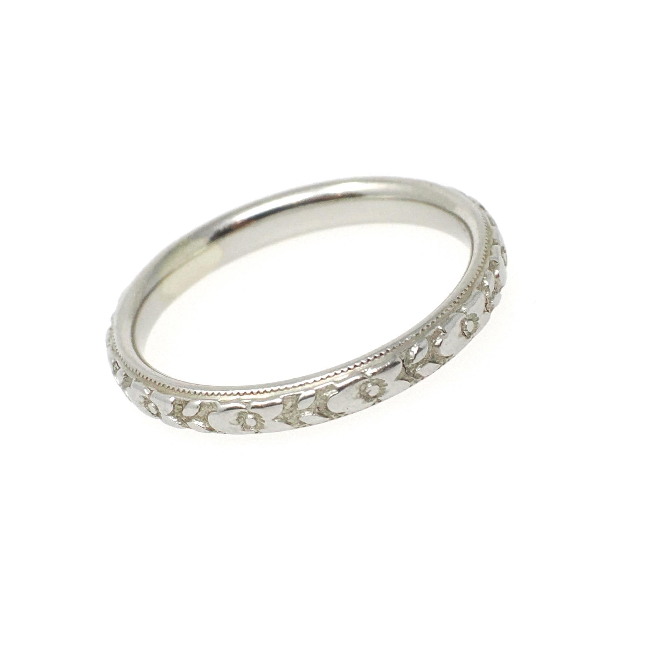 Art Deco Wedding Band - Antique 18k White Gold Orange Blossom 2.6 MM Eternity Ring - Circa 1920s Era Size 5 3/4 Engraved Bridal Fine Jewelry