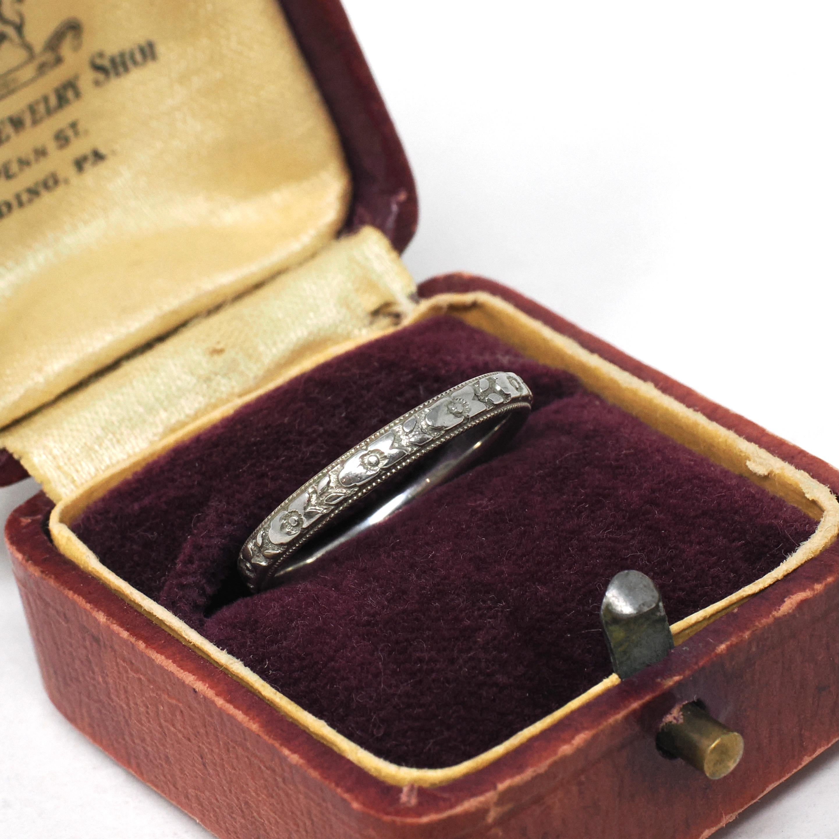 Art Deco Wedding Band - Antique 18k White Gold Orange Blossom 2.6 MM Eternity Ring - Circa 1920s Era Size 5 3/4 Engraved Bridal Fine Jewelry