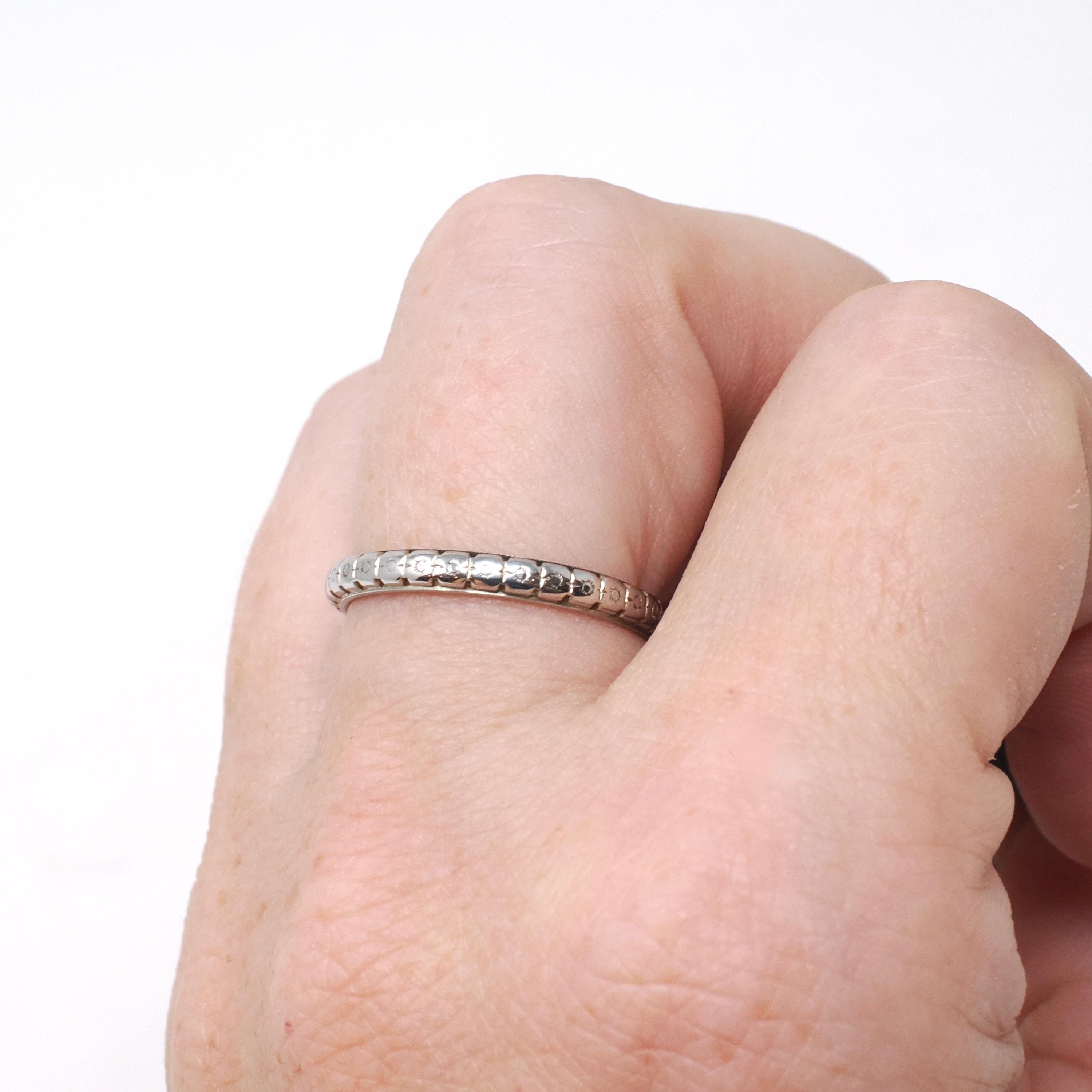 Edwardian Wedding Band - Antique 18k White Gold Orange Blossom 2.4MM Eternity Ring - Circa 1916 Size 6 Engraved Bridal Fine Stacking Jewelry