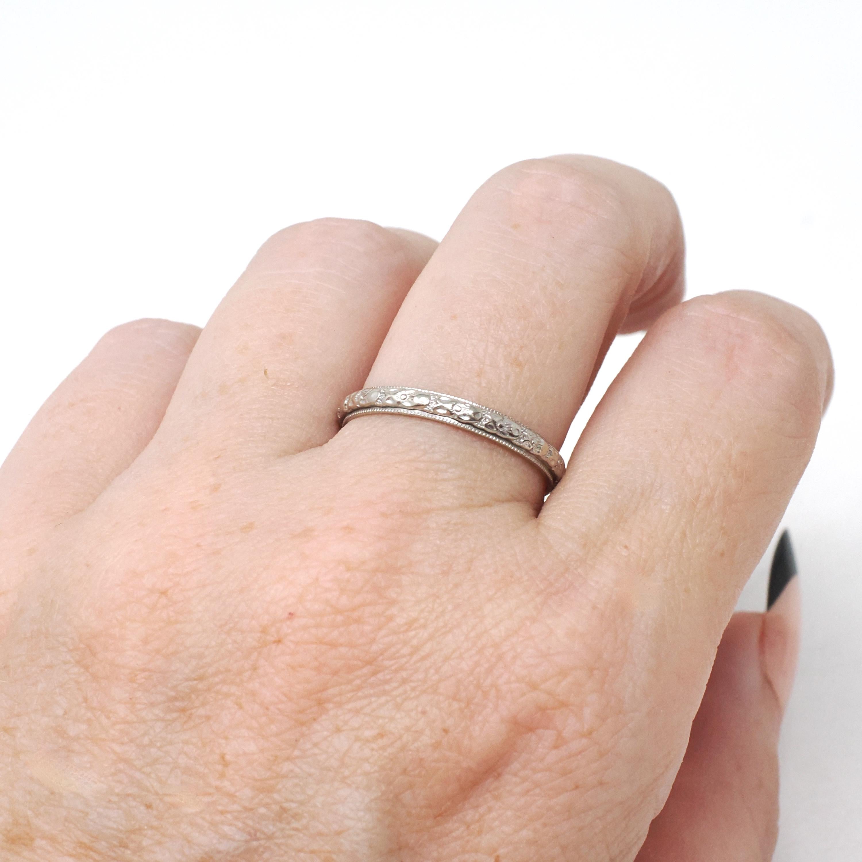 Art Deco Wedding Band - Antique 14k White Gold Orange Blossom 2.7 MM Eternity Ring - Circa 1930s Era Size 8 1/4 Engraved Bridal Fine Jewelry