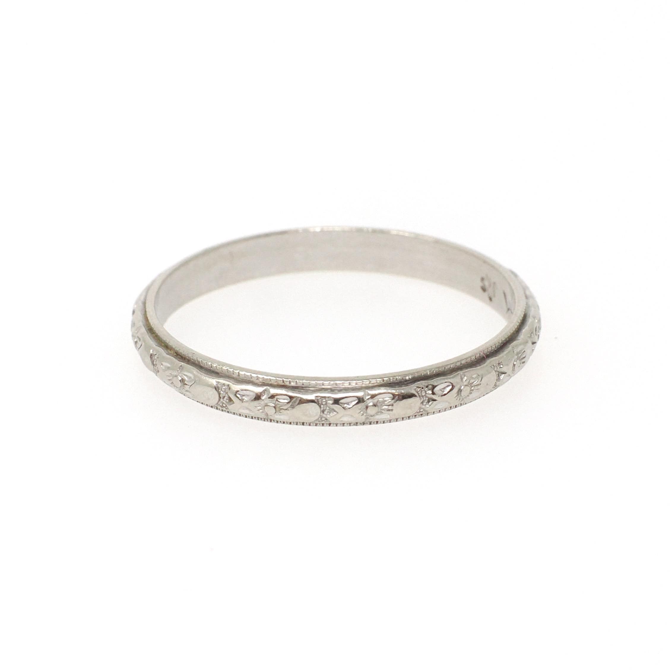 Art Deco Wedding Band - Antique 14k White Gold Orange Blossom 2.7 MM Eternity Ring - Circa 1930s Era Size 8 1/4 Engraved Bridal Fine Jewelry