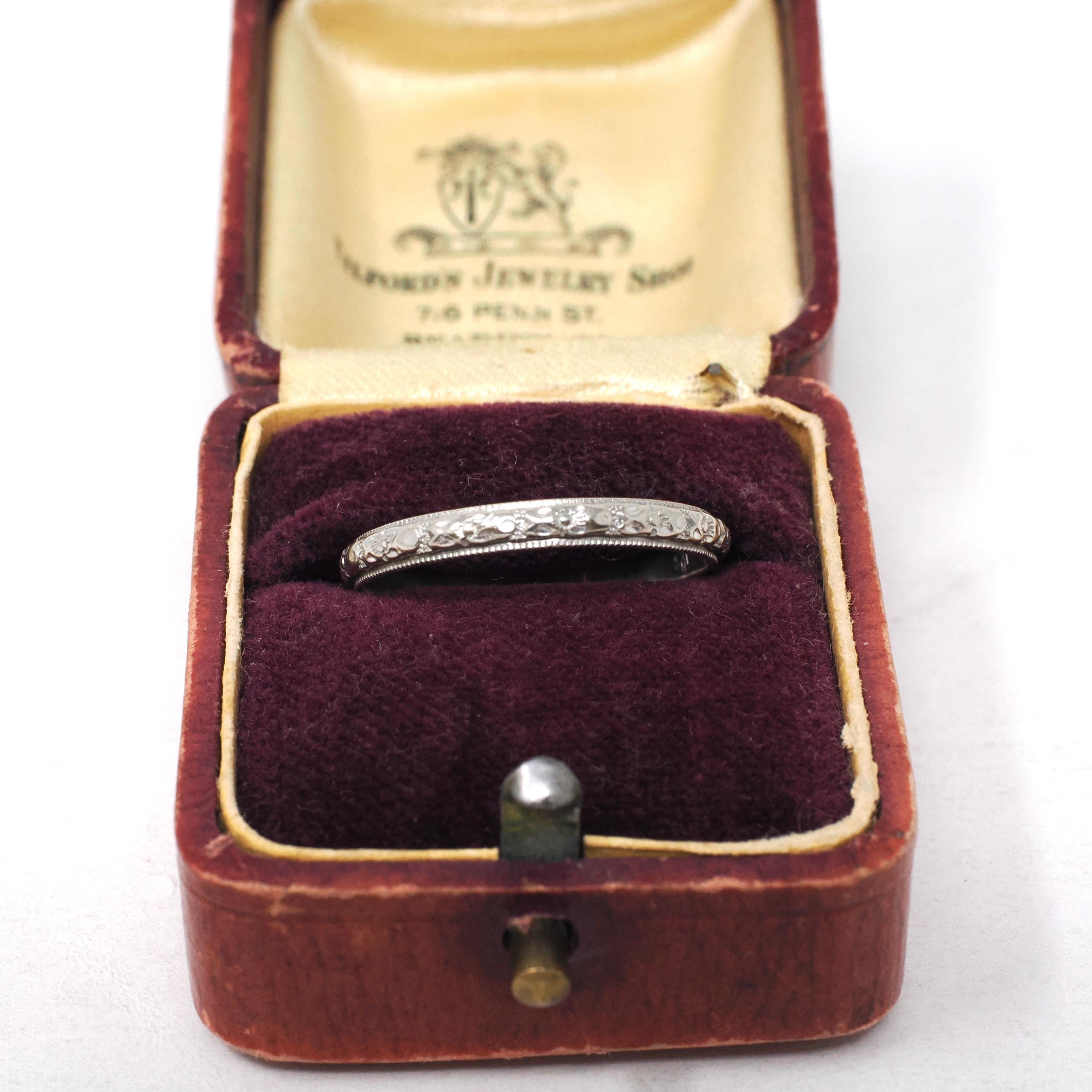 Art Deco Wedding Band - Antique 14k White Gold Orange Blossom 2.7 MM Eternity Ring - Circa 1930s Era Size 8 1/4 Engraved Bridal Fine Jewelry