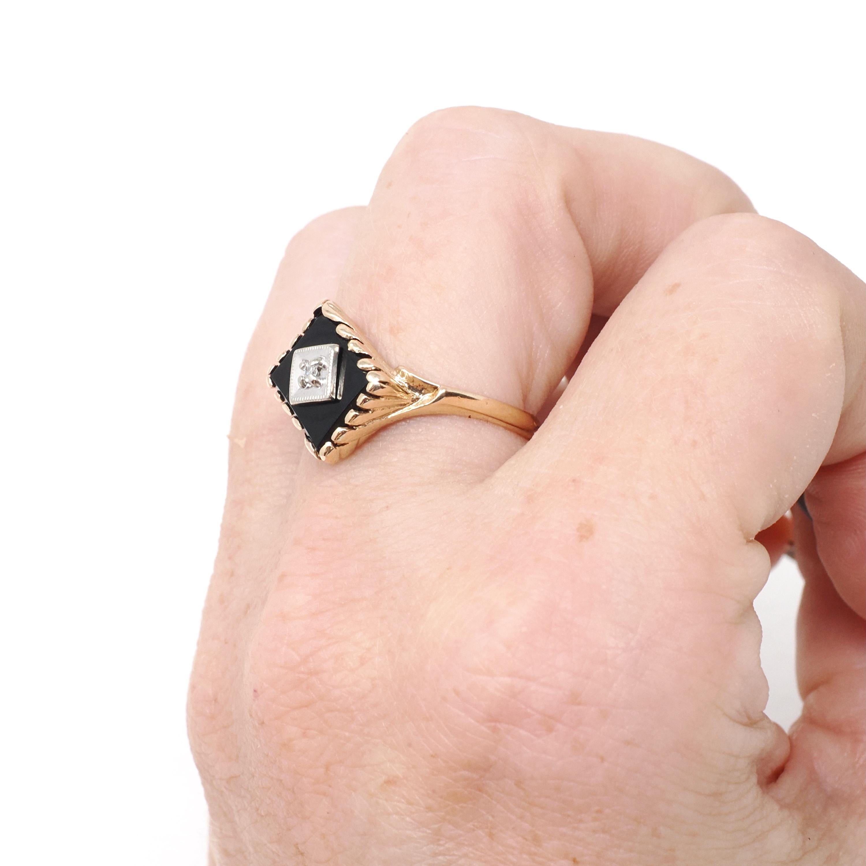 Mid Century Onyx Ring - Vintage 10k Yellow Gold Black Chalcedony Gemstone - Circa 1950s Size 6 1/4 Natural Diamond Statement Fine Jewelry