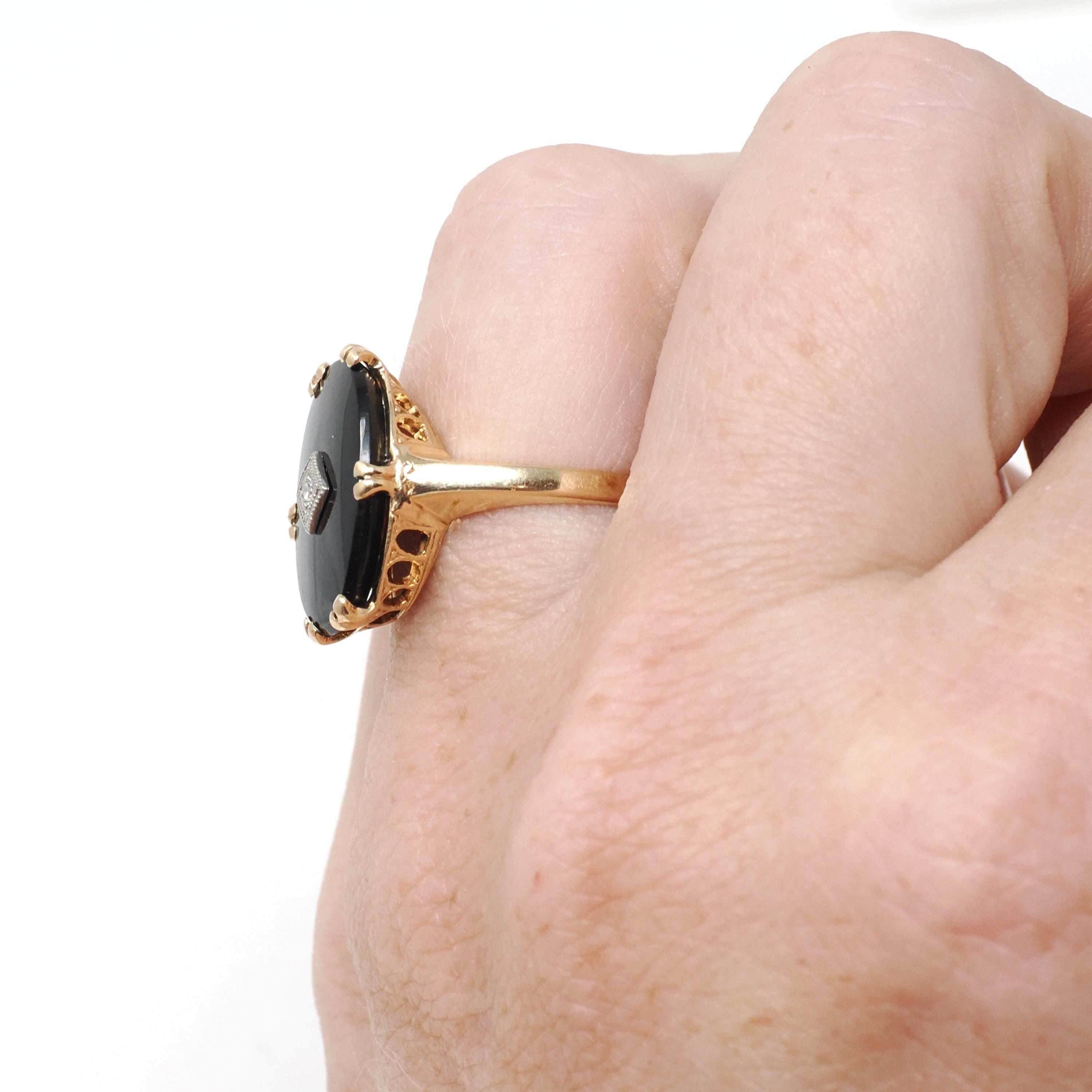Vintage Onyx Ring - Mid Century 10k Yellow Gold Black Chalcedony & .01 CT Natural Diamond - Circa 1940s Era Size 5.5 Statement Fine Jewelry