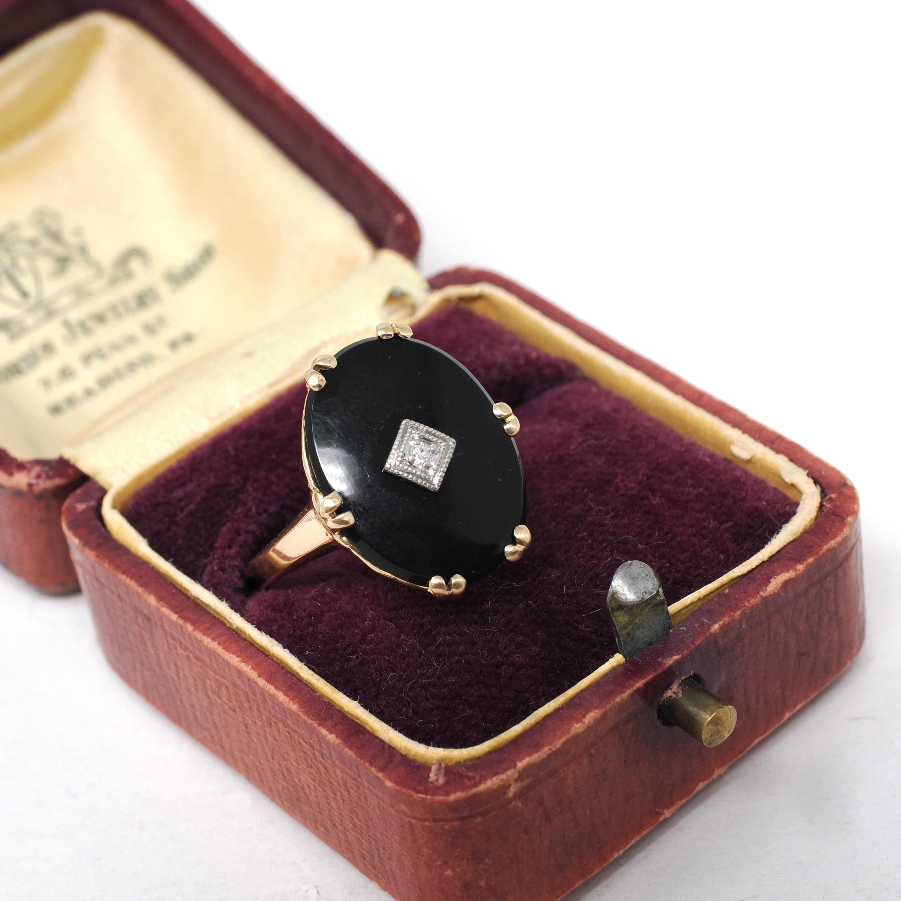 Vintage Onyx Ring - Mid Century 10k Yellow Gold Black Chalcedony & .01 CT Natural Diamond - Circa 1940s Era Size 5.5 Statement Fine Jewelry