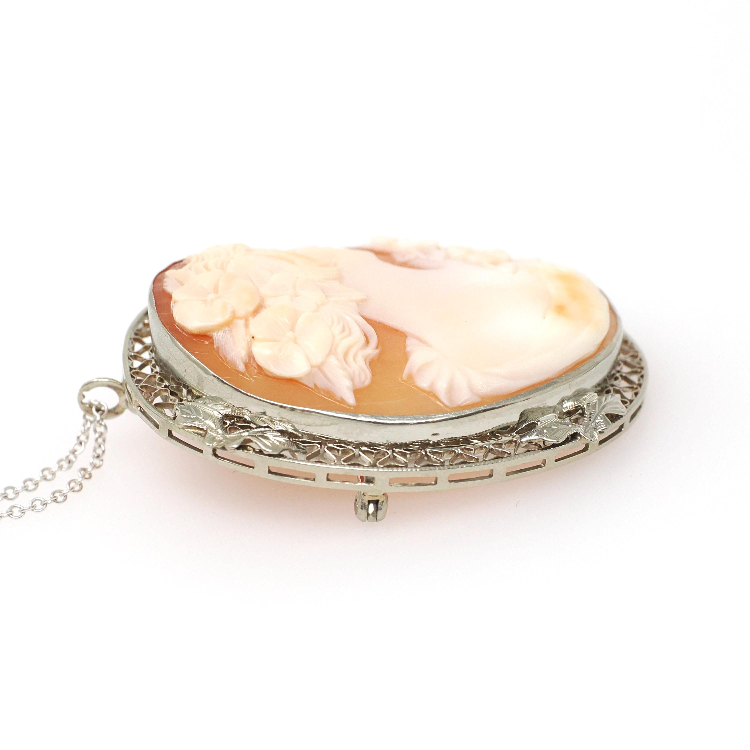 Filigree Cameo Pendant - Vintage Art Deco 14k White Gold Carved Woman Shell Necklace - Circa 1930s Era Convertible Brooch Pin Fine Jewelry