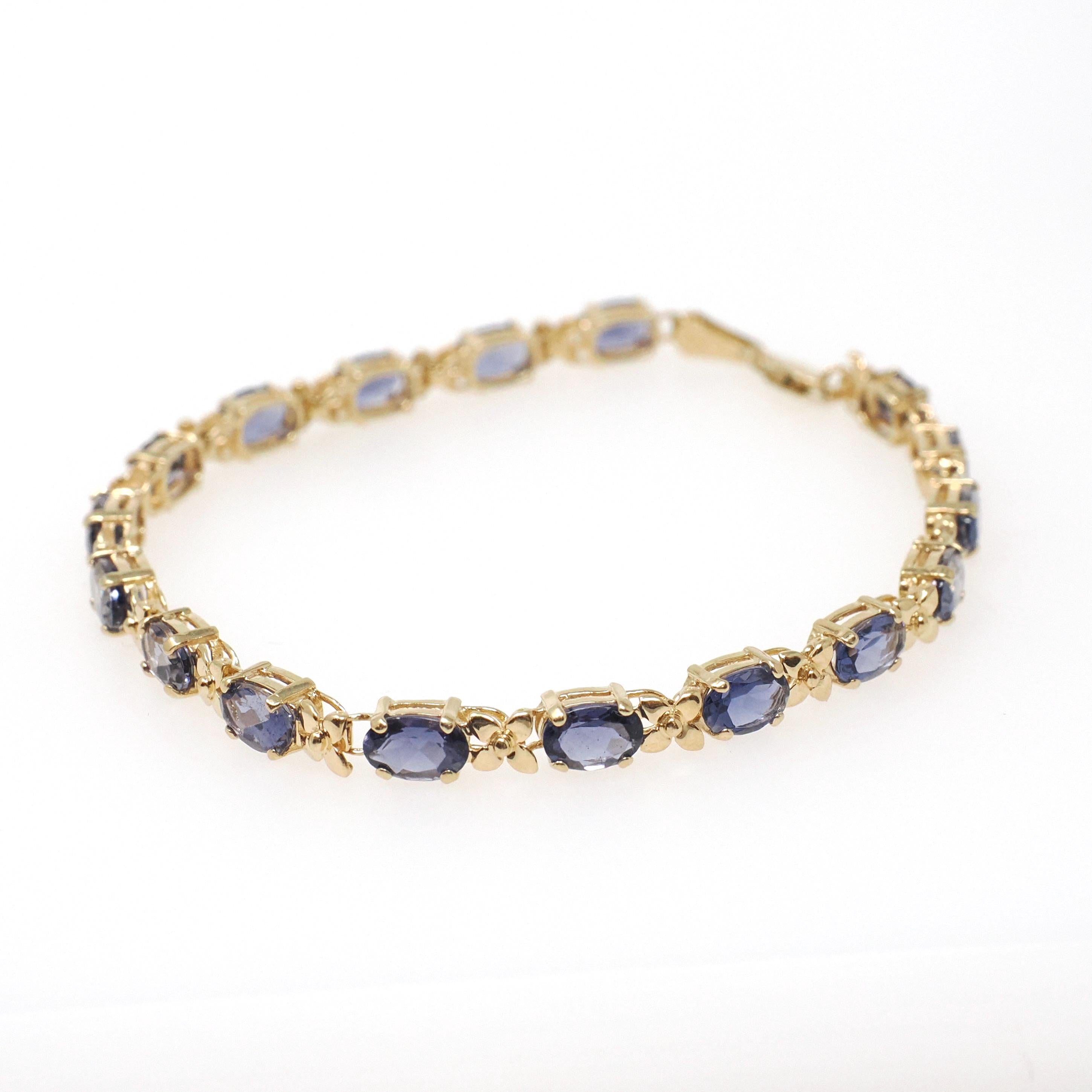 Iolite Tennis Bracelet - Contemporary 14k Yellow Gold Violet Blue Oval Natural Gemstone & Flower Links - Circa 2000s Era 7 1/4" Fine Jewelry