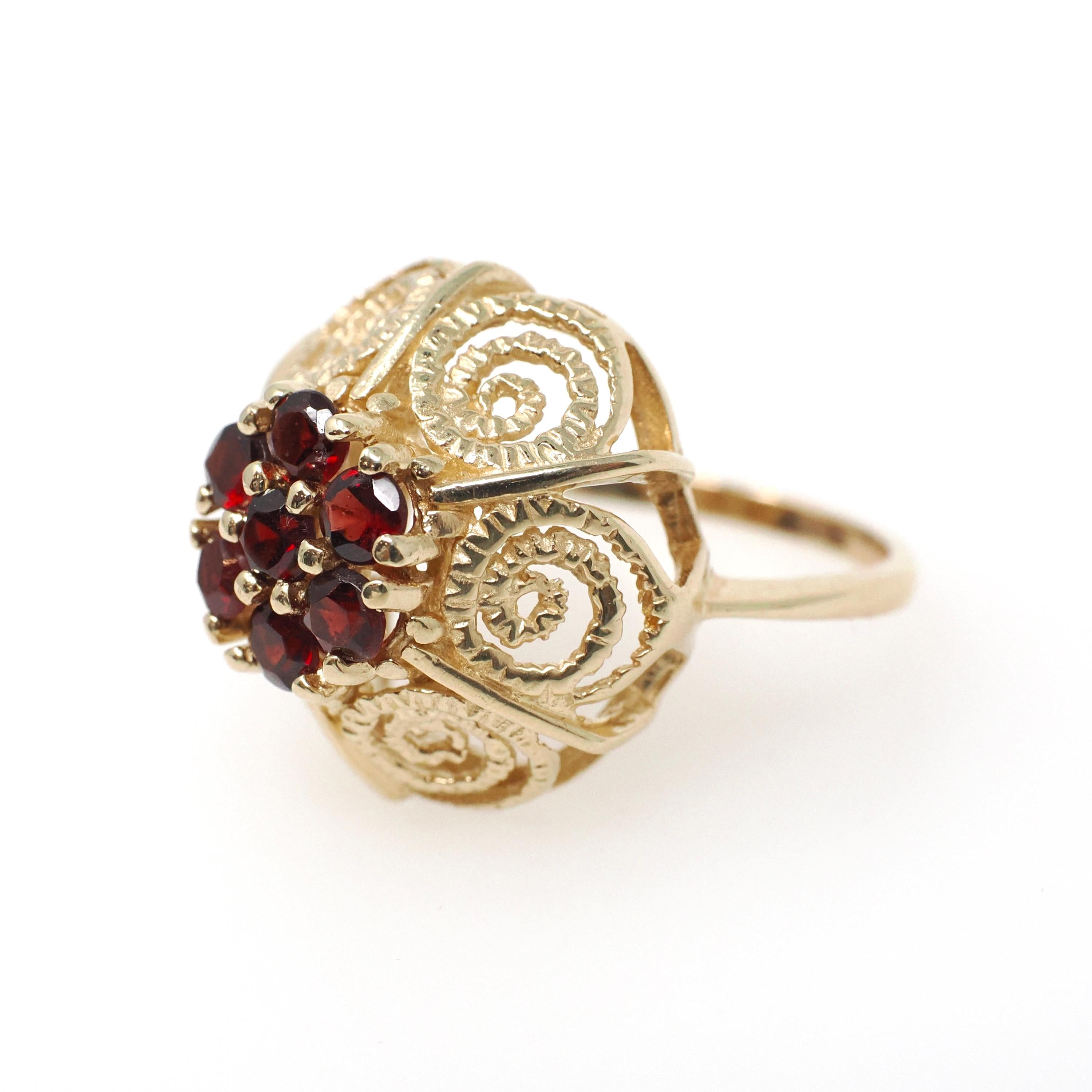 Vintage Garnet Flower Ring - Modernist 14k Yellow Gold Natural Red Gemstone Cluster - Circa 1970s Size 7 1/4 January Birthstone Fine Jewelry