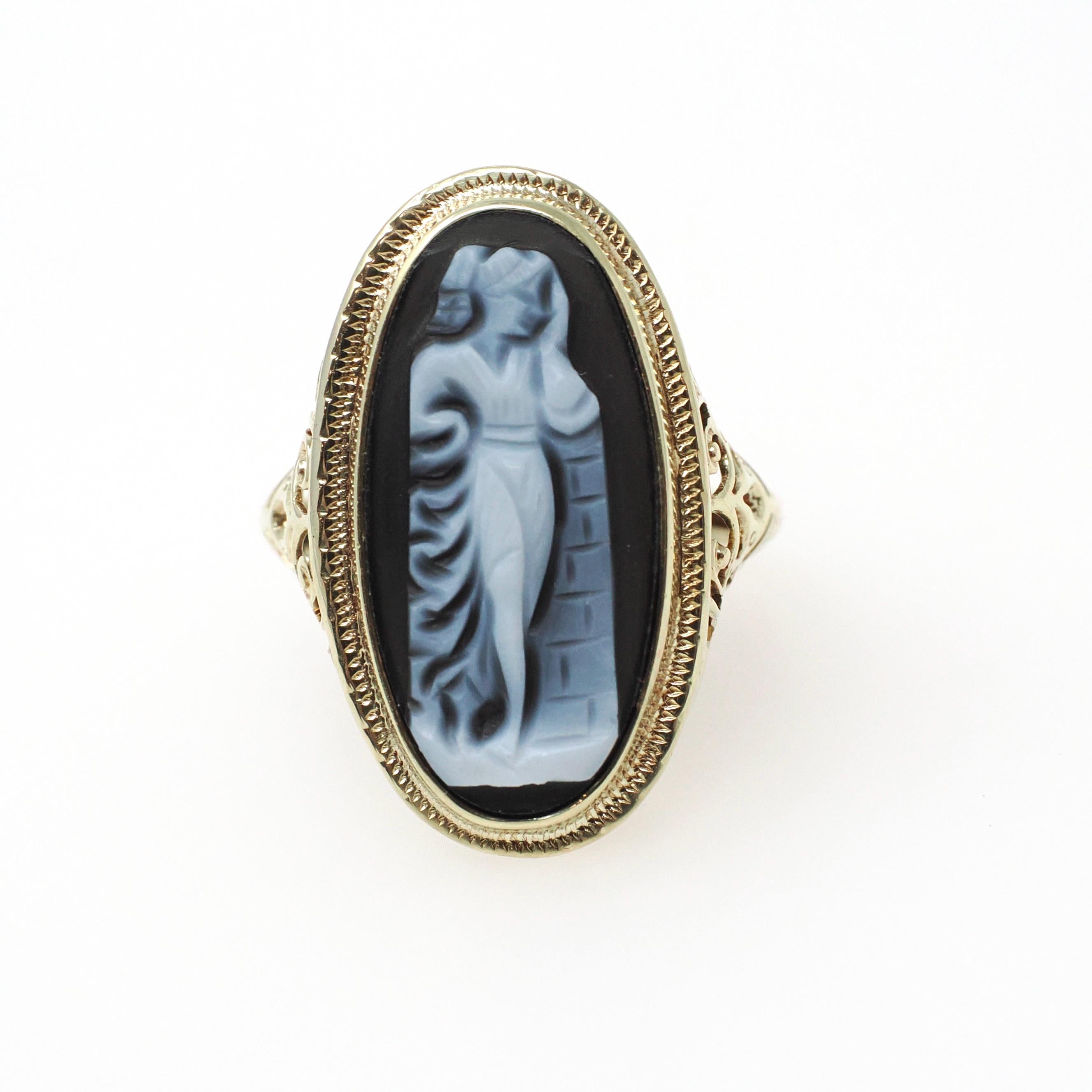Antique Cameo Ring - Art Deco Era 14k Yellow Gold Carved Female Figure Black & White Onyx - Circa 1920s Size 5 1/2 Statuesque Fine Jewelry