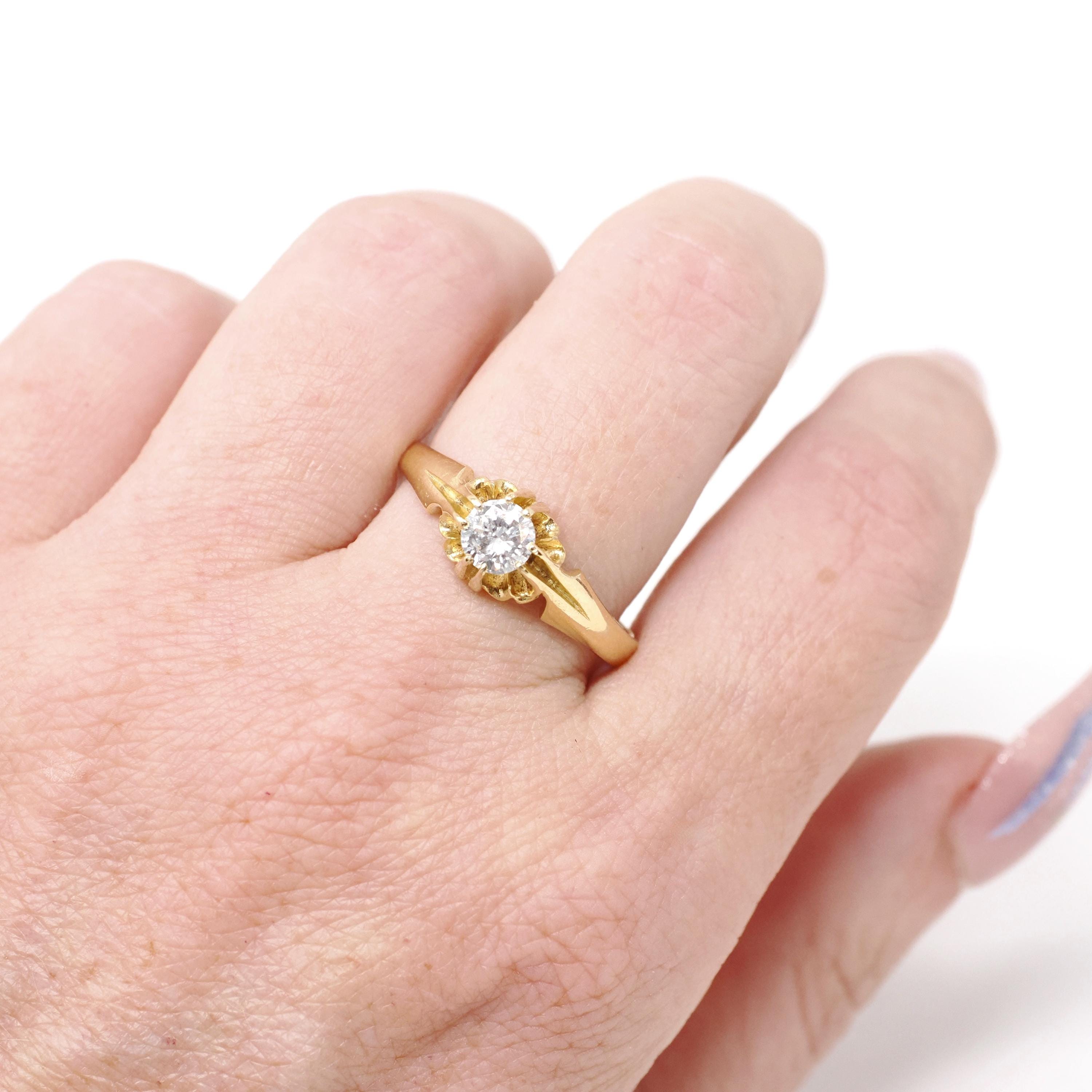 Estate Diamond Ring - 18k Yellow Gold .51 CT Natural Round Brilliant Cut Belcher- Hallmarked 1982 Size 10 Bold Gold Fine Unisex Jewelry