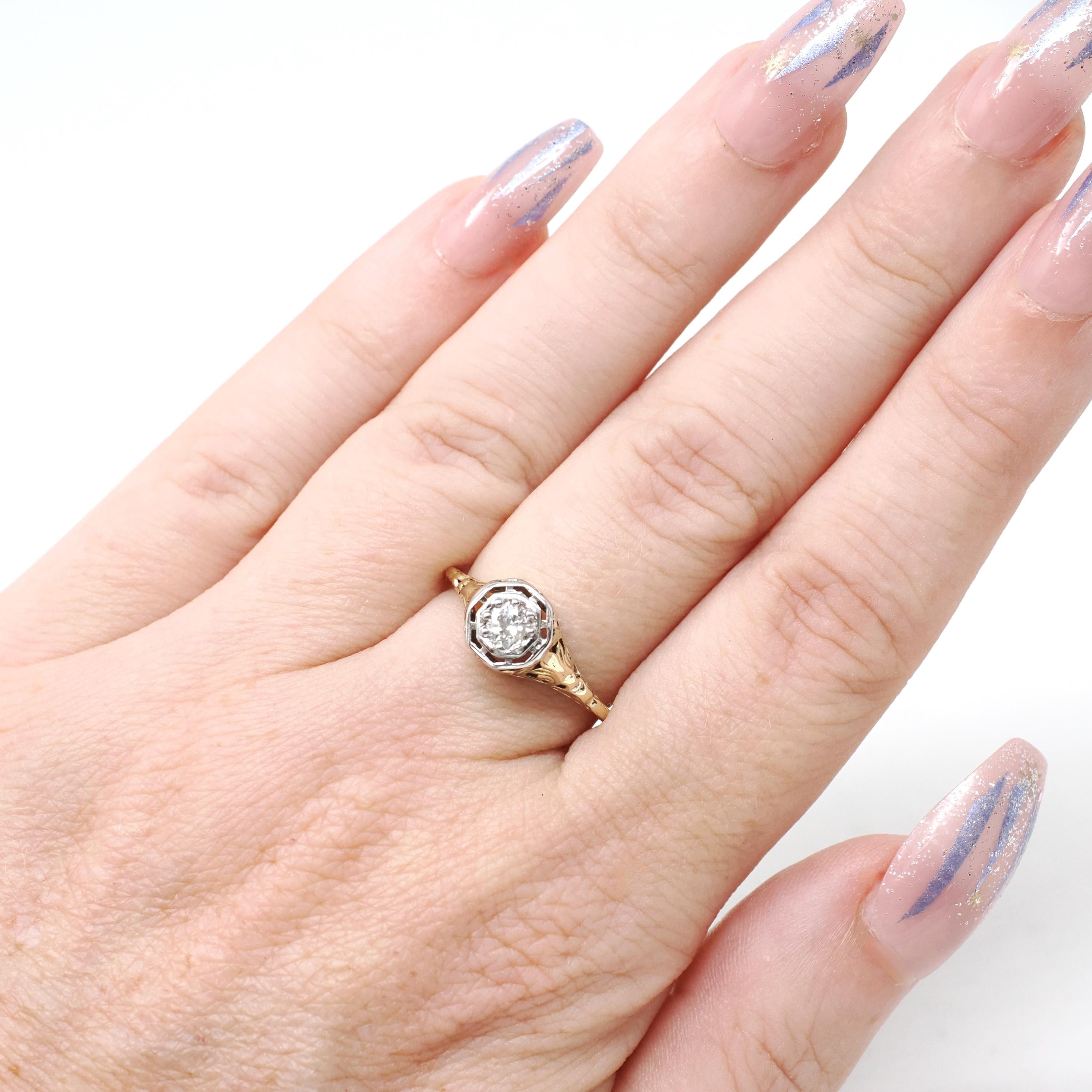 Art Deco Engagement Ring - Vintage 14k White & Yellow Gold Rare Butterfly Filigree 0.12 CT Diamond - Circa 1930s Era Size 5 3/4 Fine Jewelry