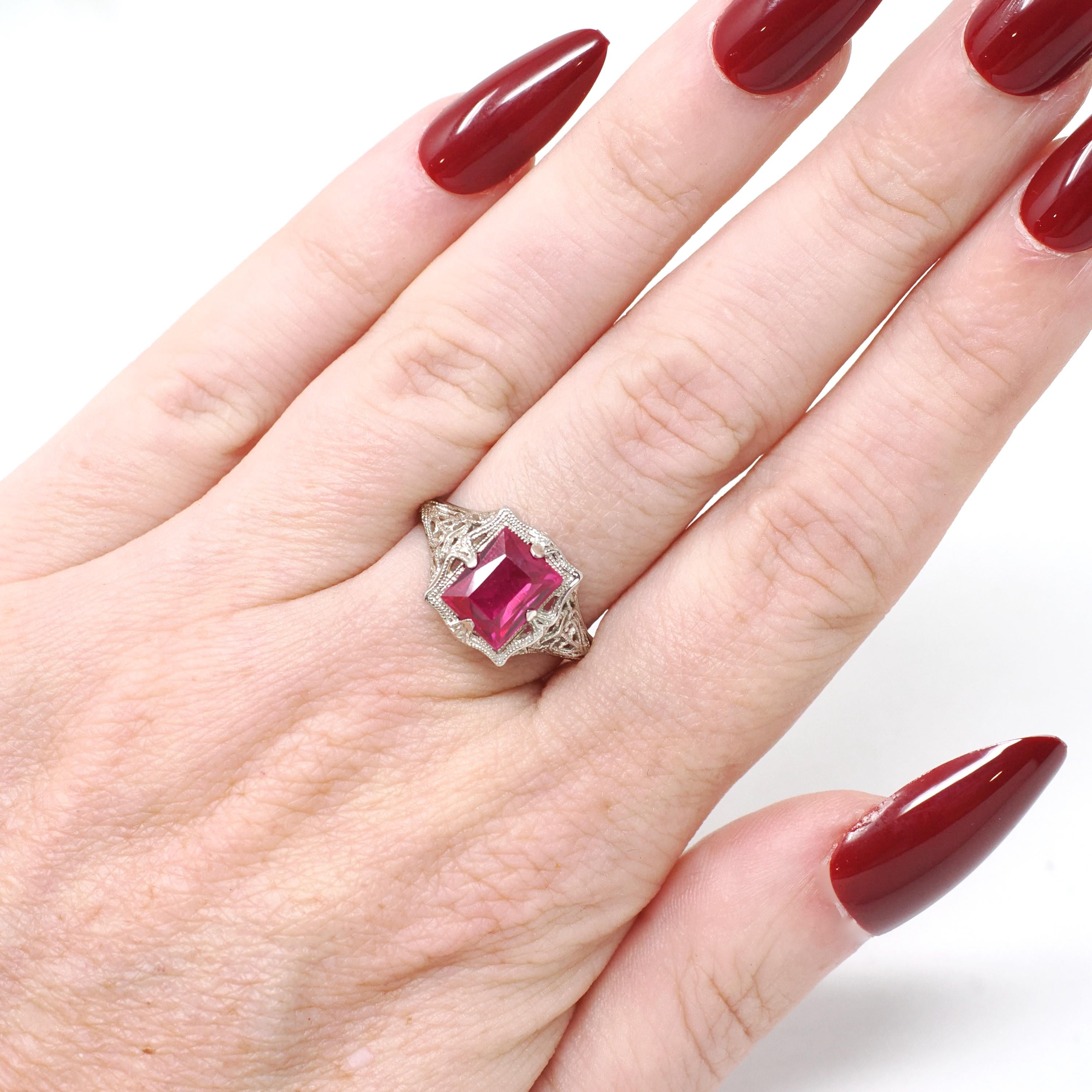 Created Ruby Ring - Vintage 14k White Gold 4.25 CT French Cut Red Art Deco Filigree - Circa 1930s Size 6 1/2 July Birthstone Fine Jewelry