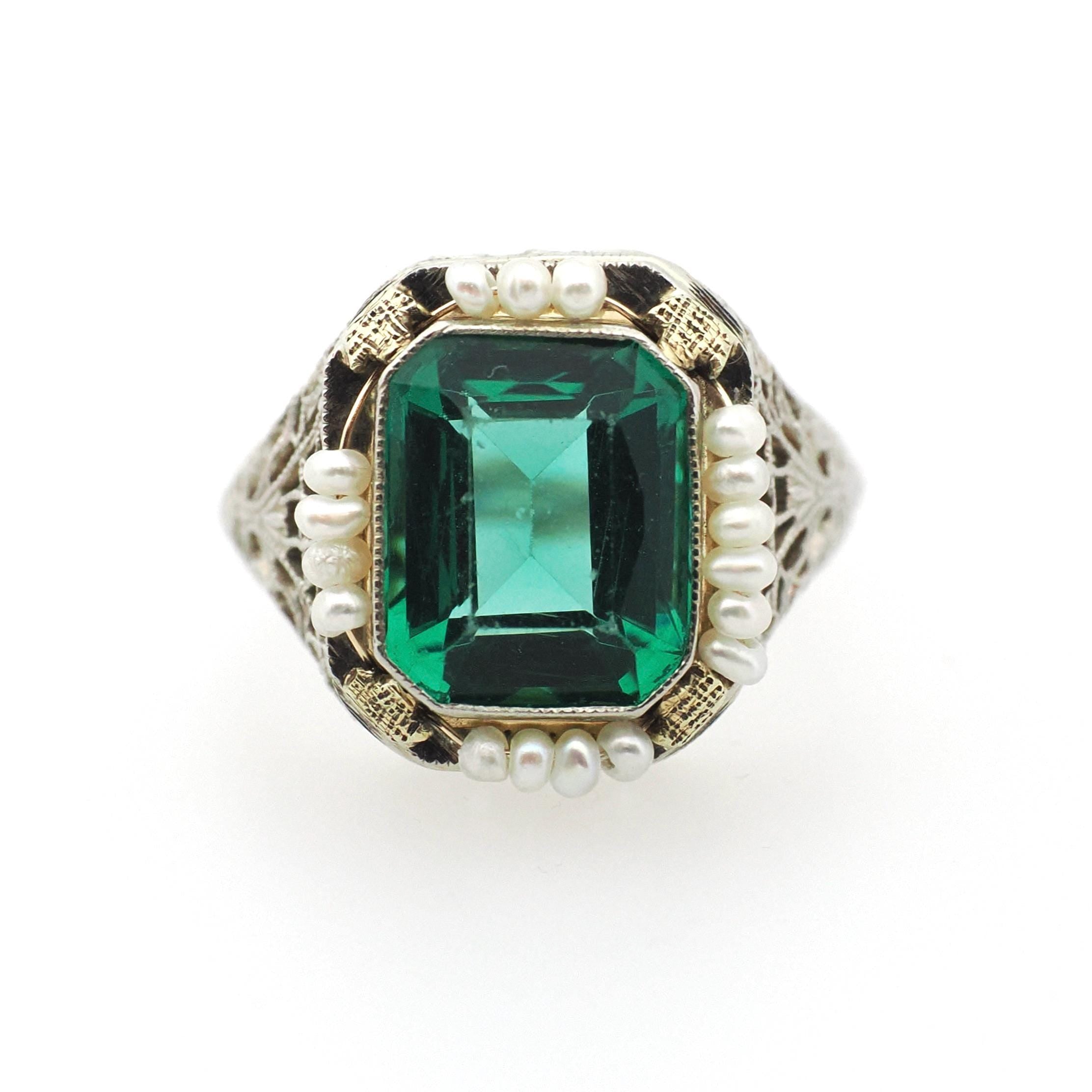 Simulated Emerald Ring - Art Deco Era 14k White Gold French Cut Green Glass & Seed Pearl Halo - Circa 1930s Size 6 3/4 Filigree Fine Jewelry