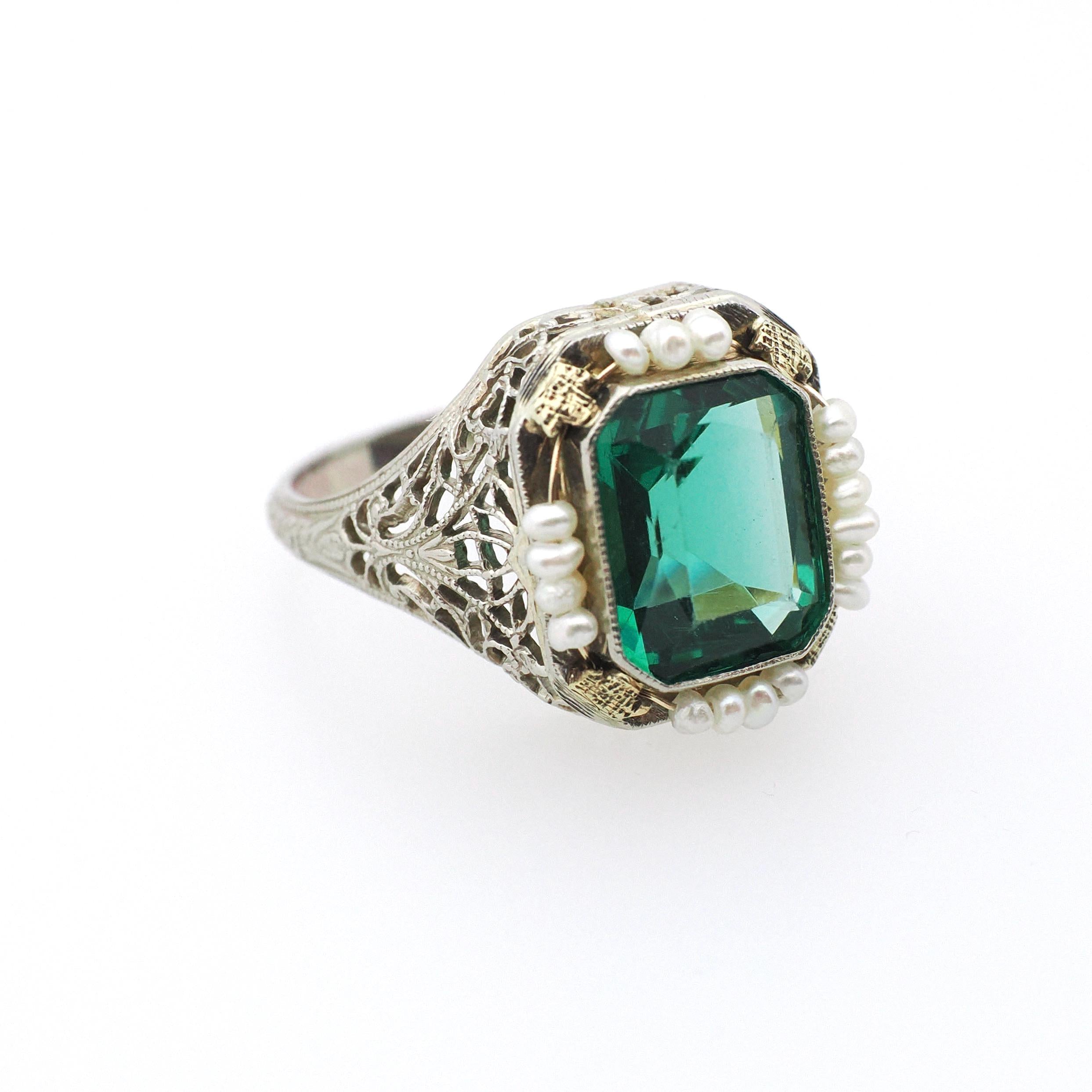Simulated Emerald Ring - Art Deco Era 14k White Gold French Cut Green Glass & Seed Pearl Halo - Circa 1930s Size 6 3/4 Filigree Fine Jewelry