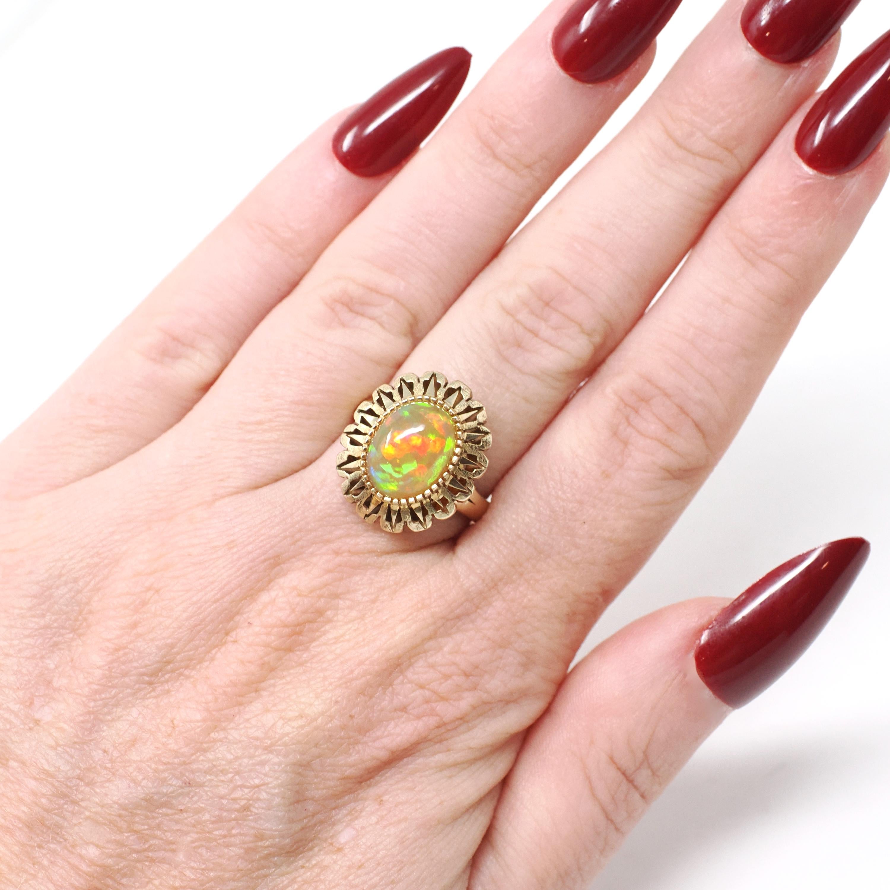 Jelly Fire Opal Ring - Contemporary 14k Yellow Gold Natural Cabochon Gemstone - Circa 1990s Era Size 5 1/2 October Birthstone Fine Jewelry