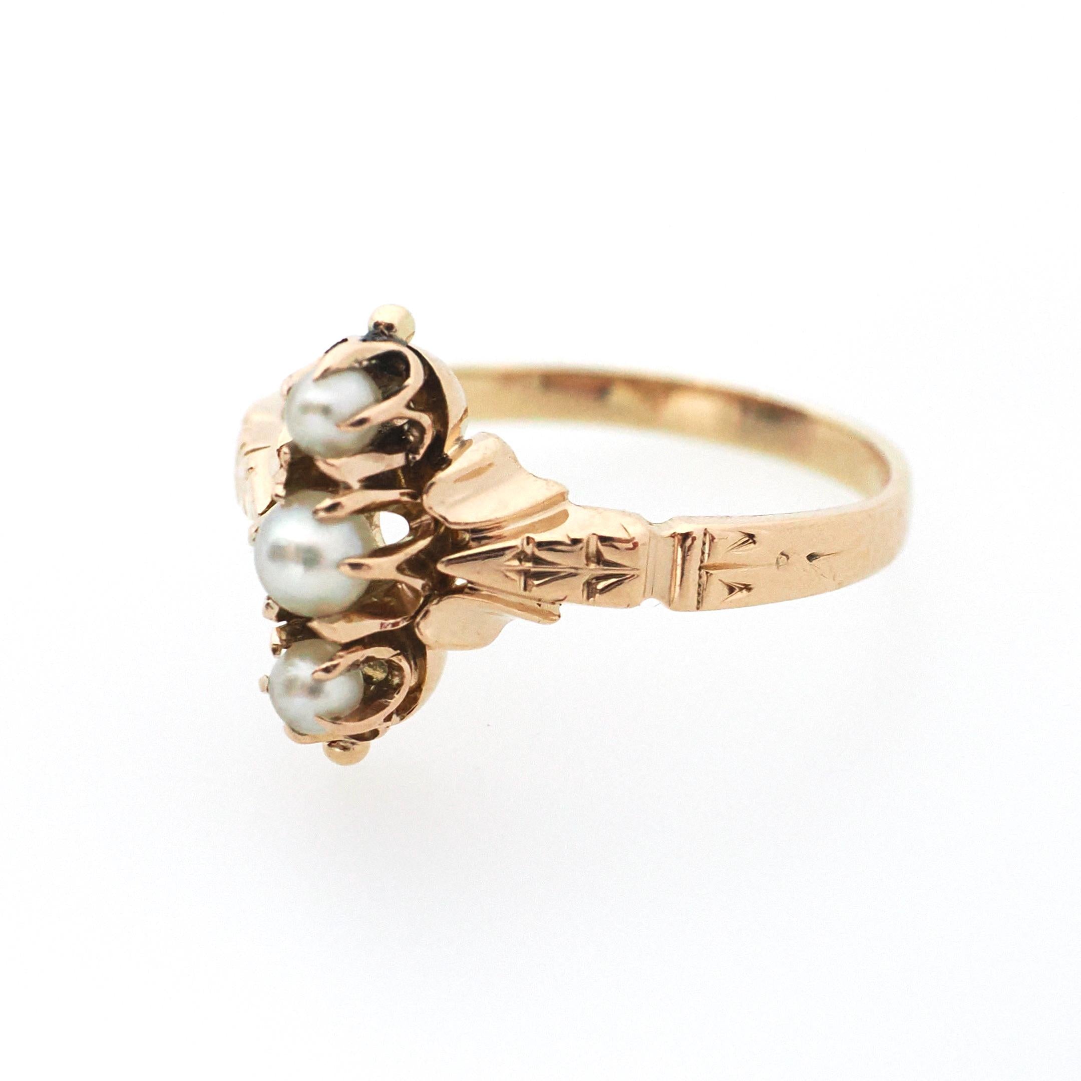 Antique Pearl Ring - Victorian 14k Rose Gold Three Gemstone Dainty Navette - Circa 1890s Era Size 5.25 Engraved June Birthstone Fine Jewelry