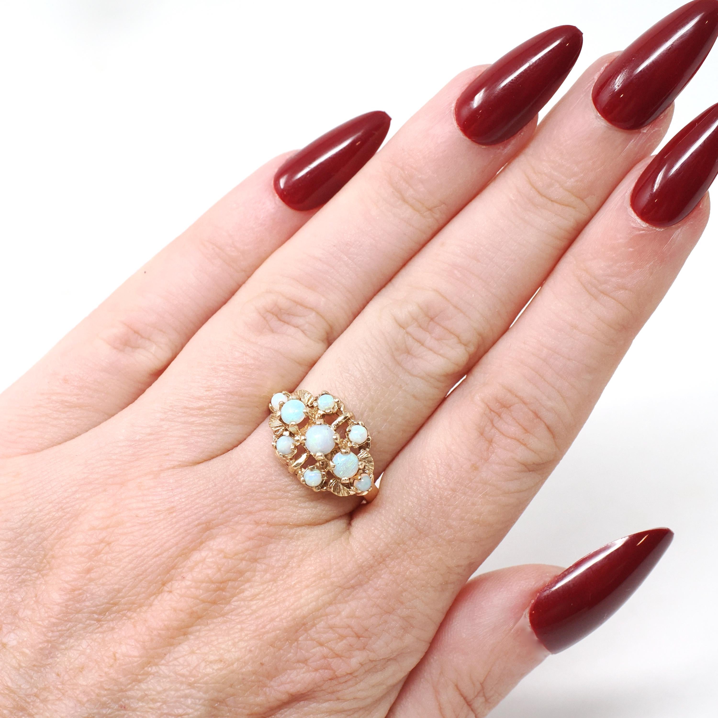 Vintage Opal Ring - Mid Century 10k Yellow Gold Natural Cabochon Cut Gemstone Cluster - Circa 1960s Size 6 October Birthstone Fine Jewelry
