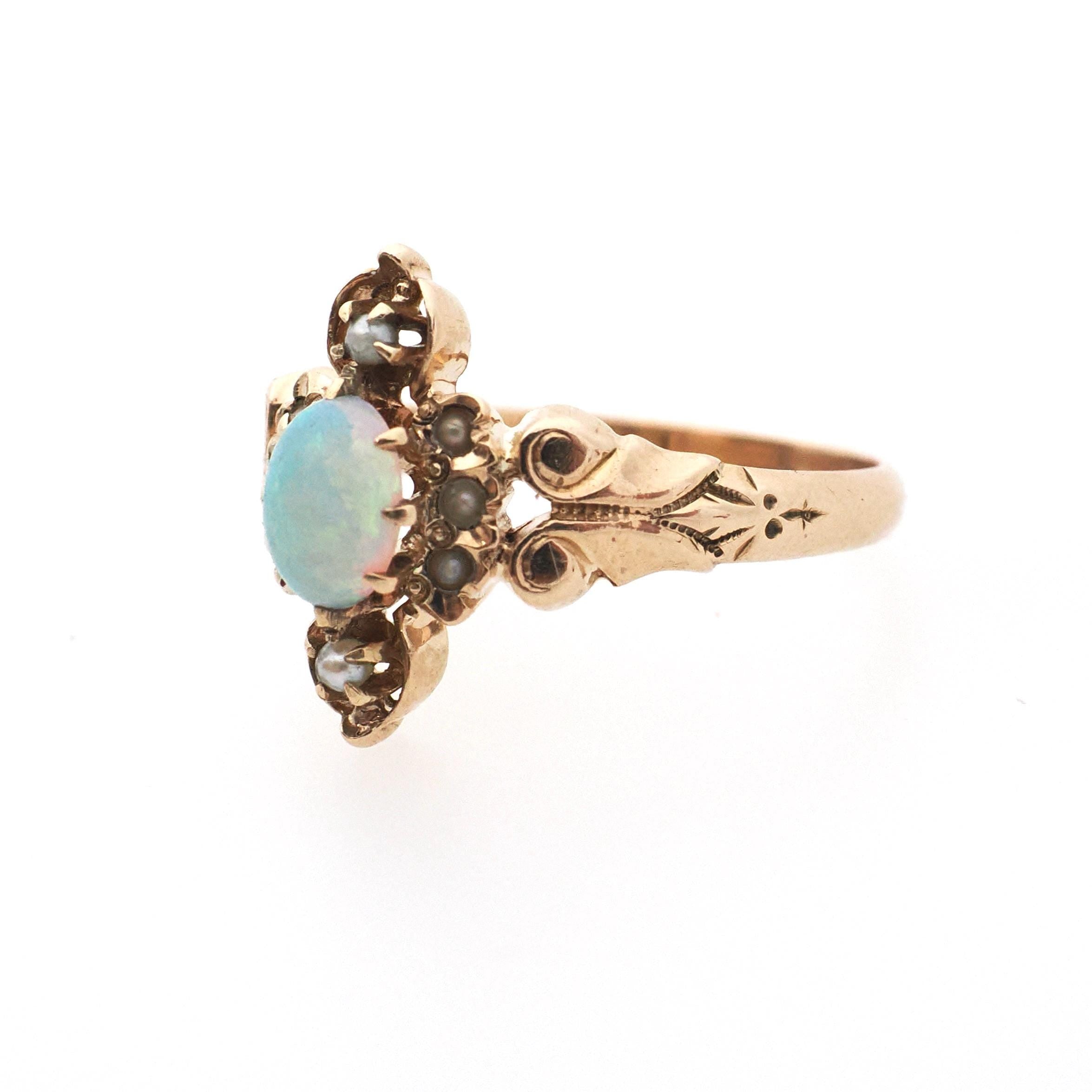 Antique Opal Ring - Victorian 10k Rose Gold Cabochon Cut .31 CT Gem - Circa 1890s Size 6 3/4 Seed Pearl Accent Fine Dainty Statement Jewelry