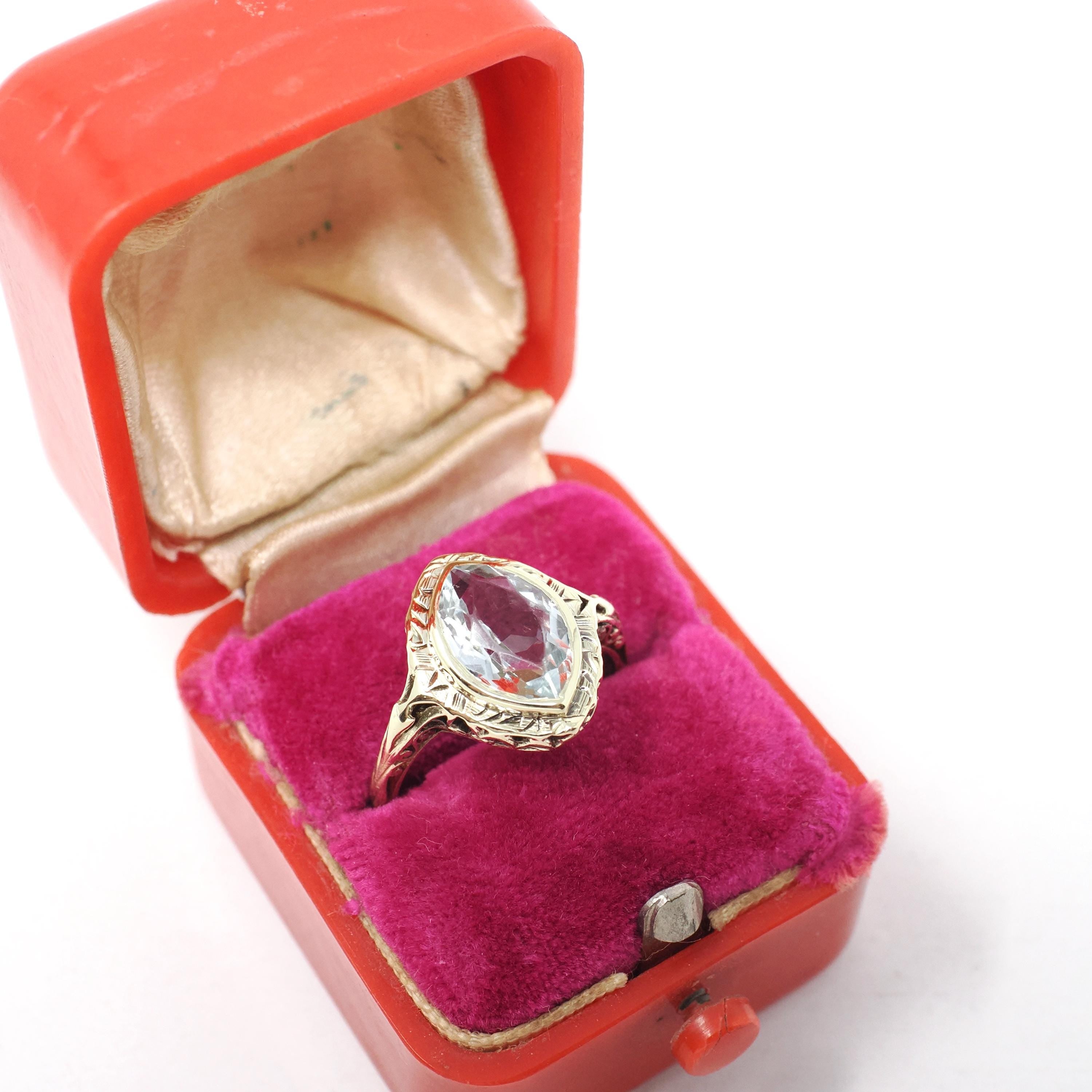 Vintage Aquamarine Ring - Art Deco 14k Yellow Gold Natural Light Blue Marquise Gemstone - Circa 1930s Era Size 5 1/4 Filigree Fine Jewelry