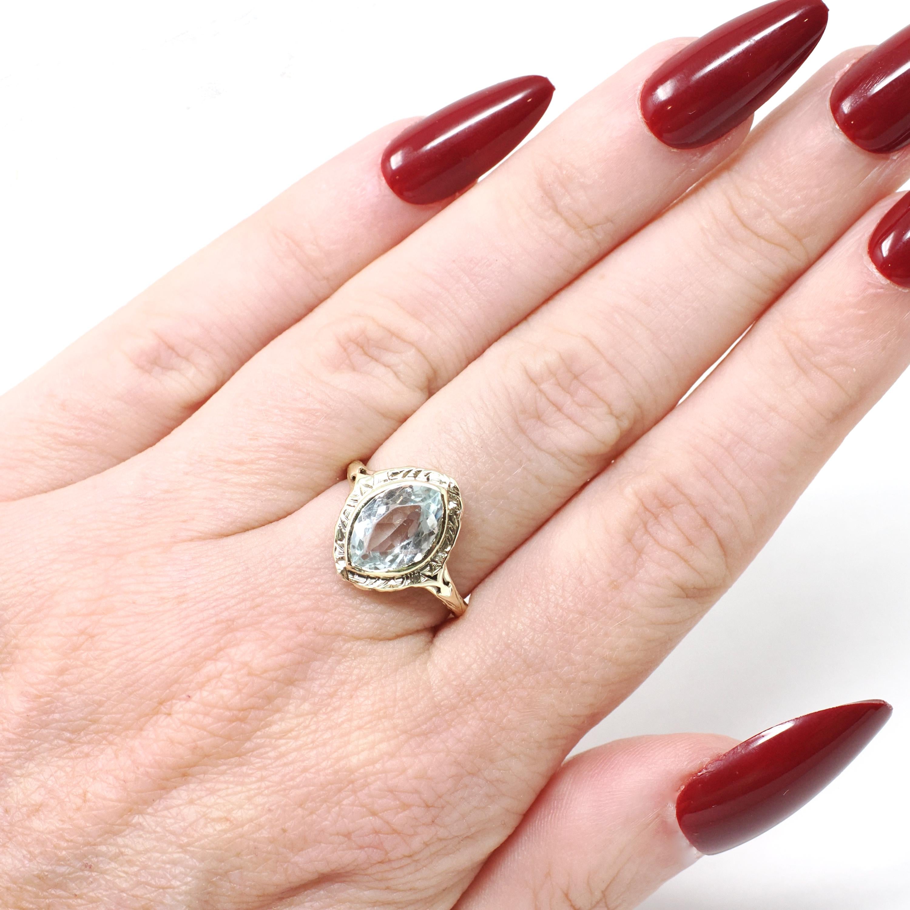 Vintage Aquamarine Ring - Art Deco 14k Yellow Gold Natural Light Blue Marquise Gemstone - Circa 1930s Era Size 5 1/4 Filigree Fine Jewelry