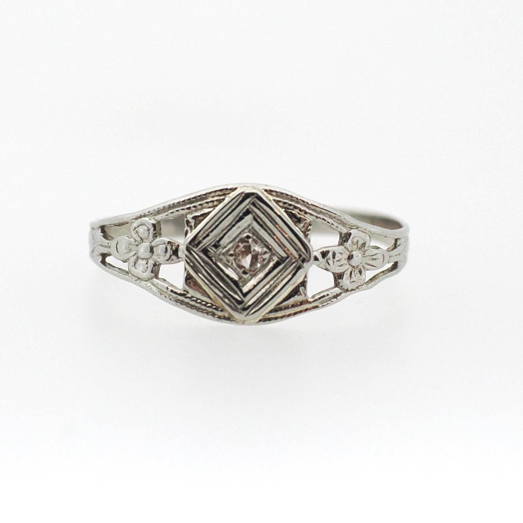 Vintage Baby Ring - Art Deco 14k White Gold Natural Diamond Flower Filigree Pinky Midi Band - Circa 1930s Era Size 2 Dainty Fine Jewelry