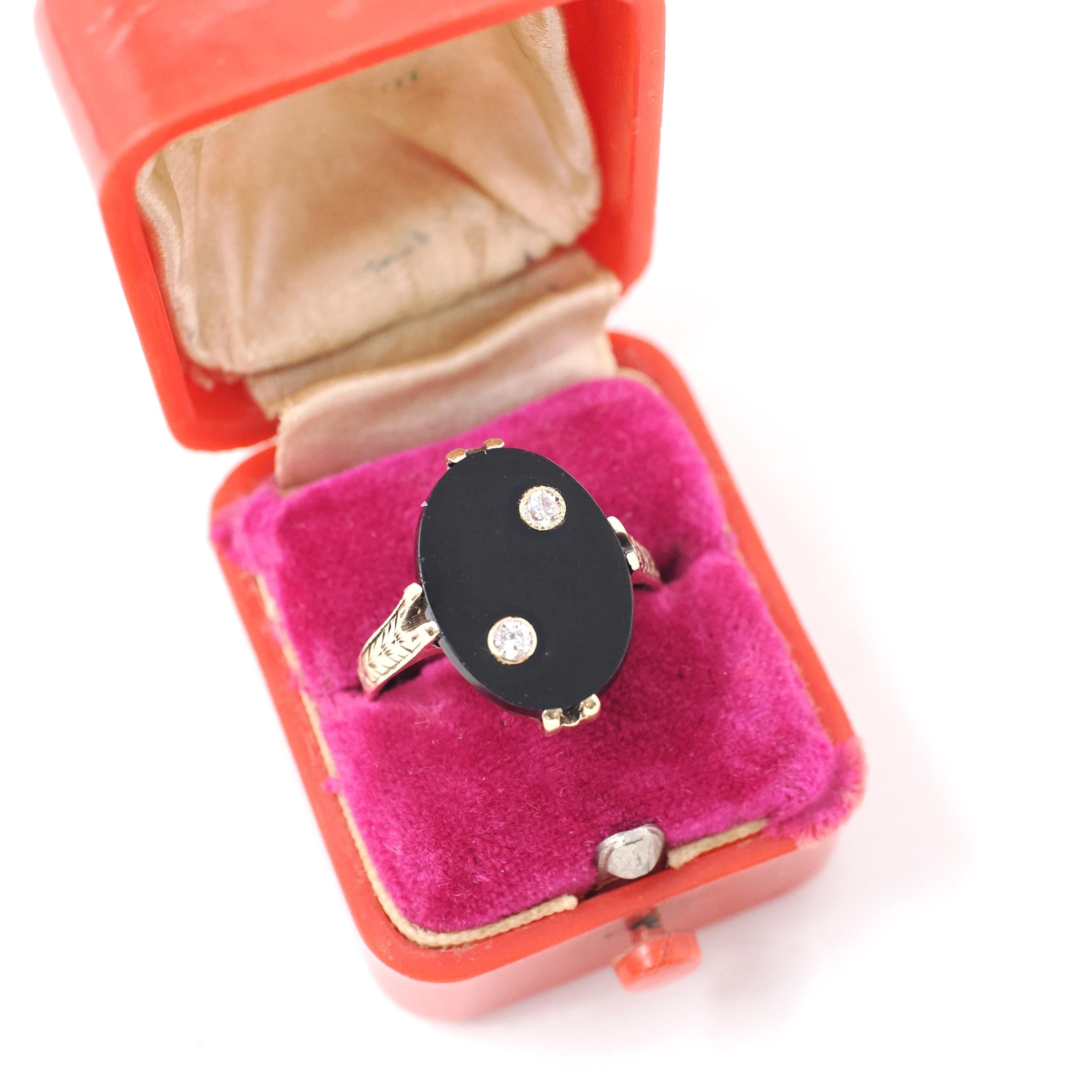 Onyx & Diamond Ring - Art Deco 14k Yellow Gold Oval Black Gemstone Signet - Circa 1930s Era Size 8 Fine Wheat Engraved Statement Jewelry