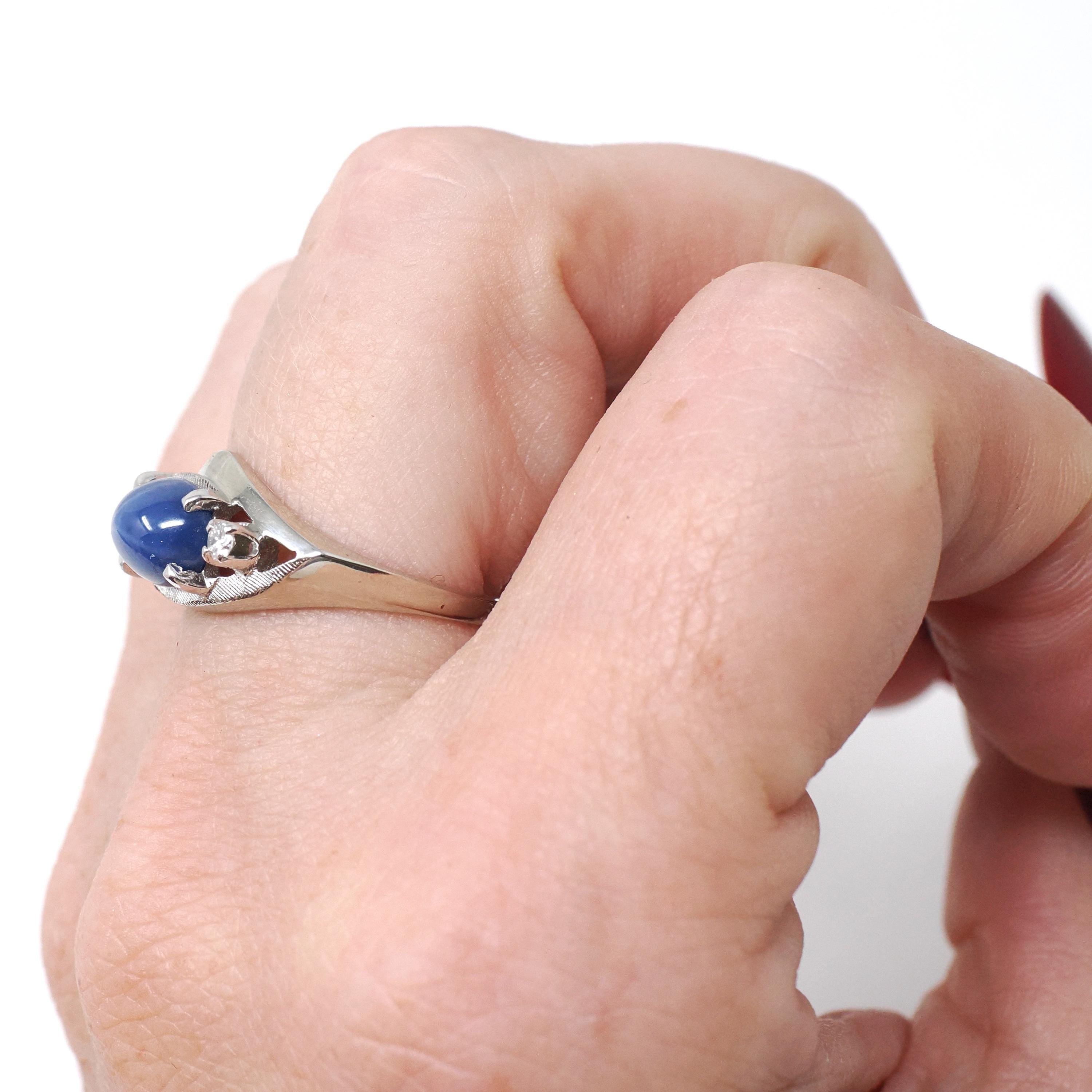 Created Star Sapphire Ring - Vintage 14k White Gold Cabochon & .04 CTW Natural Diamonds - Circa 1970s Era Size 5 3/4 Bypass Fine Jewelry