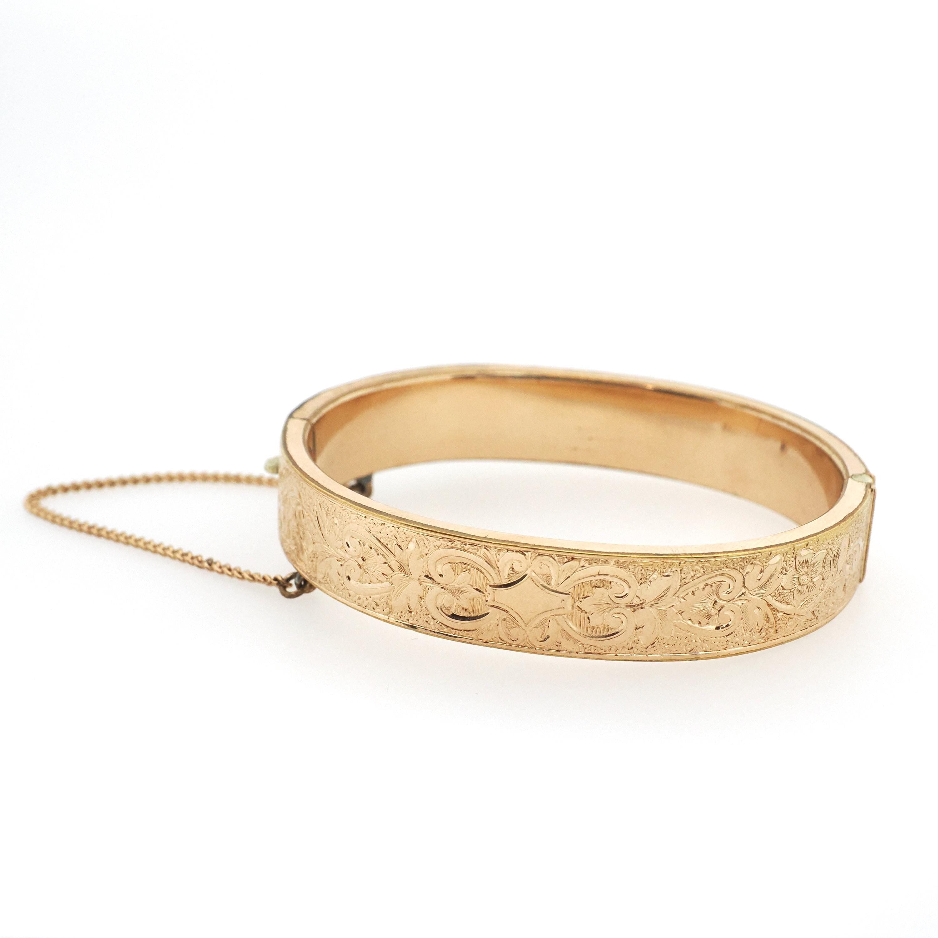 Antique Floral Bracelet - Victorian 12k Gold Filled Engraved Hinged Bangle Design - Circa 1880s Era Safety Chain Fashion Statement Jewelry