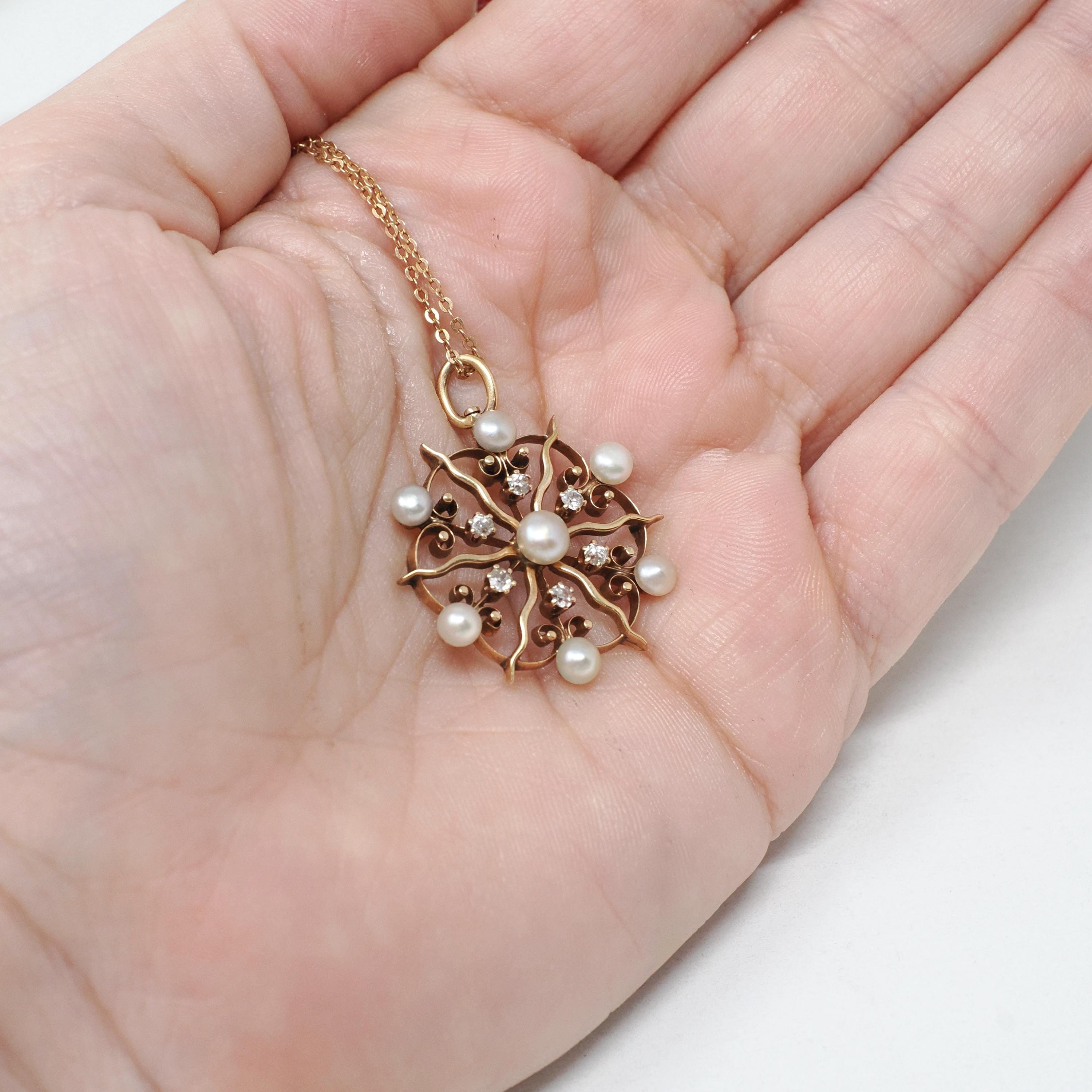 Antique Starburst Necklace - Edwardian 14k Rosy Yellow Gold .18 CTW Natural Diamonds Cultured Pearls Pendant - Circa 1910s Era Fine Jewelry