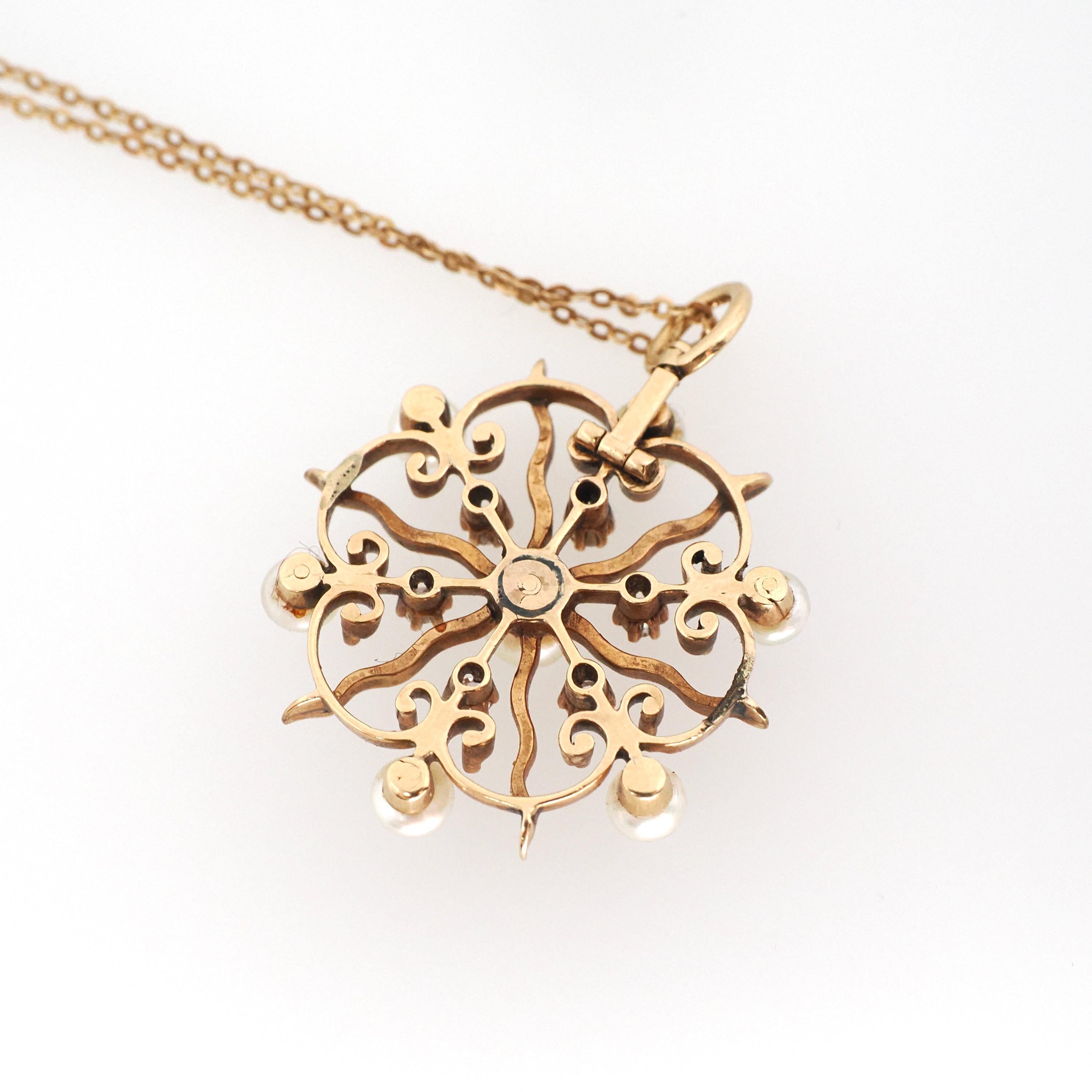 Antique Starburst Necklace - Edwardian 14k Rosy Yellow Gold .18 CTW Natural Diamonds Cultured Pearls Pendant - Circa 1910s Era Fine Jewelry