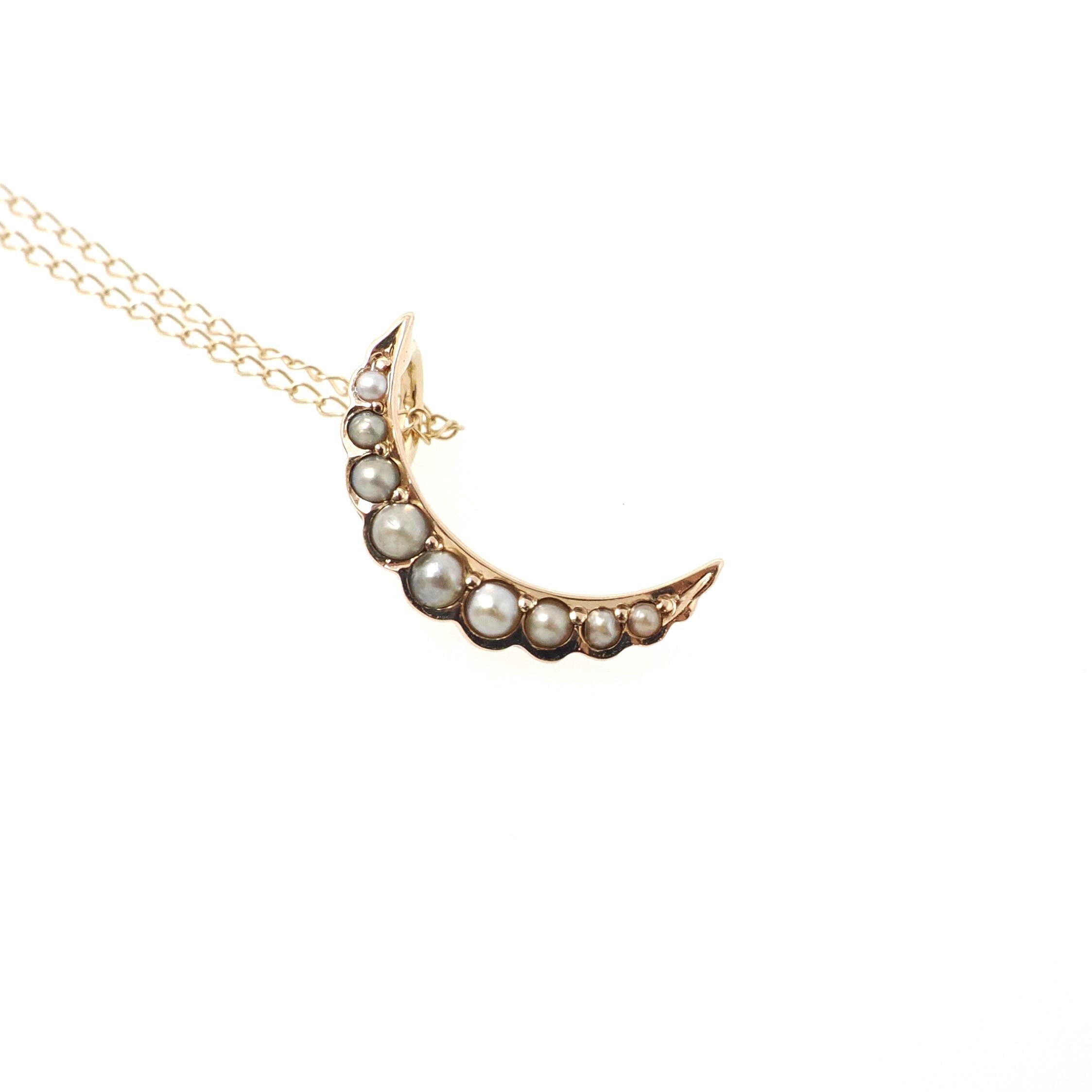 Antique Crescent Moon Charm - Edwardian Era 14k Yellow Gold Cultured Seed Pearl Conversion Pendant - Circa 1910s Celestial Fine Jewelry