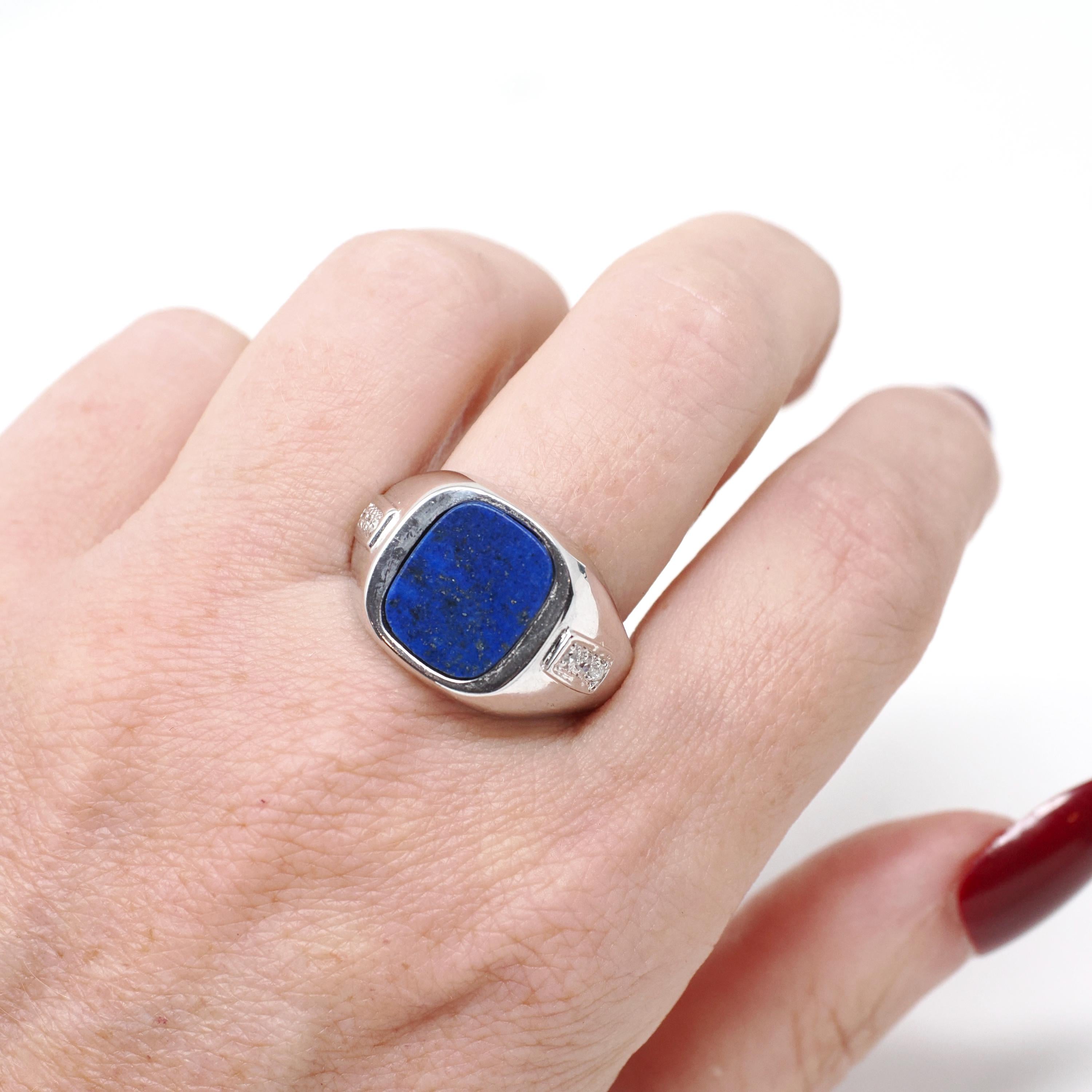 Vintage Lapis Lazuli Ring - Modernist 14k White Gold Flat Top Blue Gem Signet - Circa 1970s Size 10 Diamond Accented Fine Unisex Jewelry