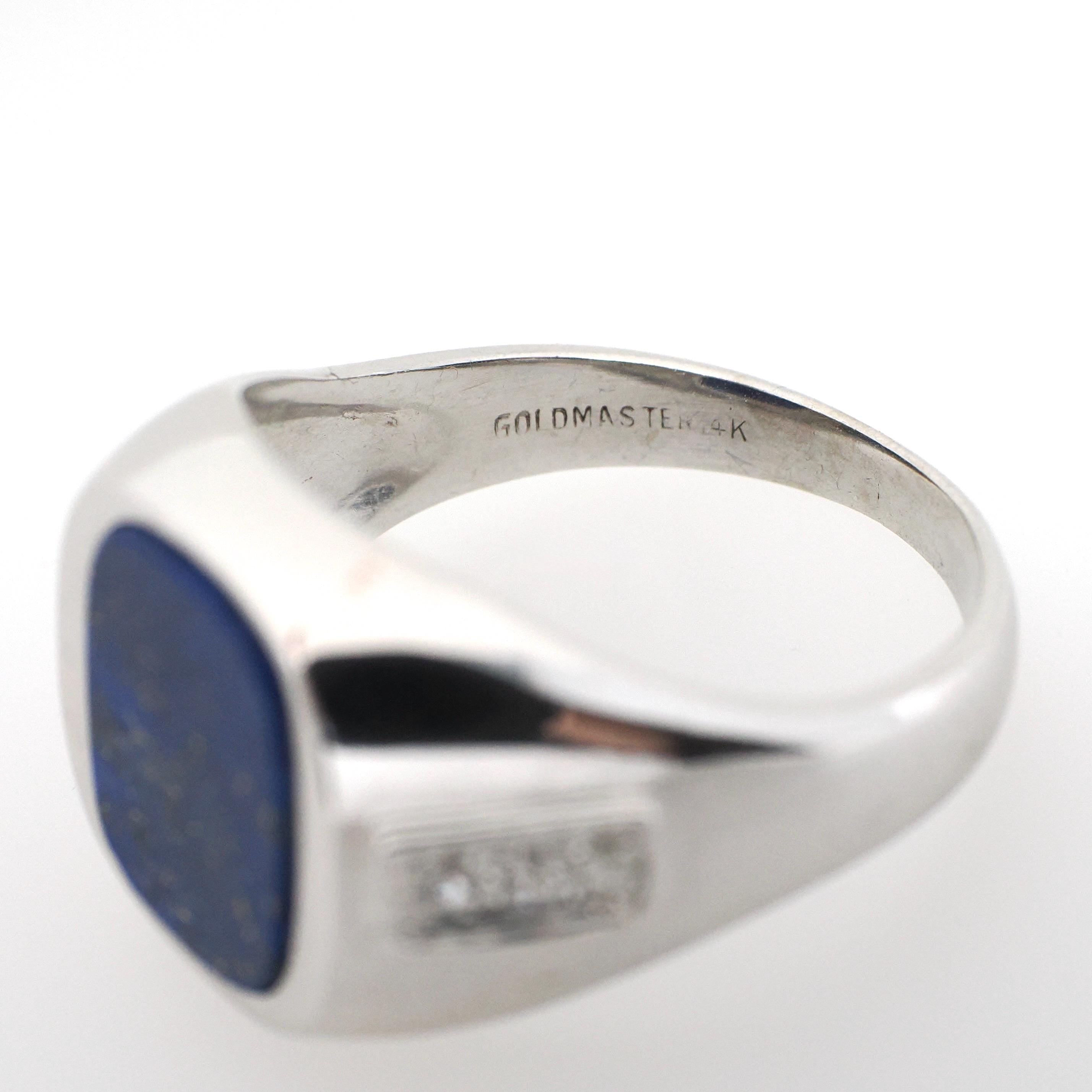 Vintage Lapis Lazuli Ring - Modernist 14k White Gold Flat Top Blue Gem Signet - Circa 1970s Size 10 Diamond Accented Fine Unisex Jewelry
