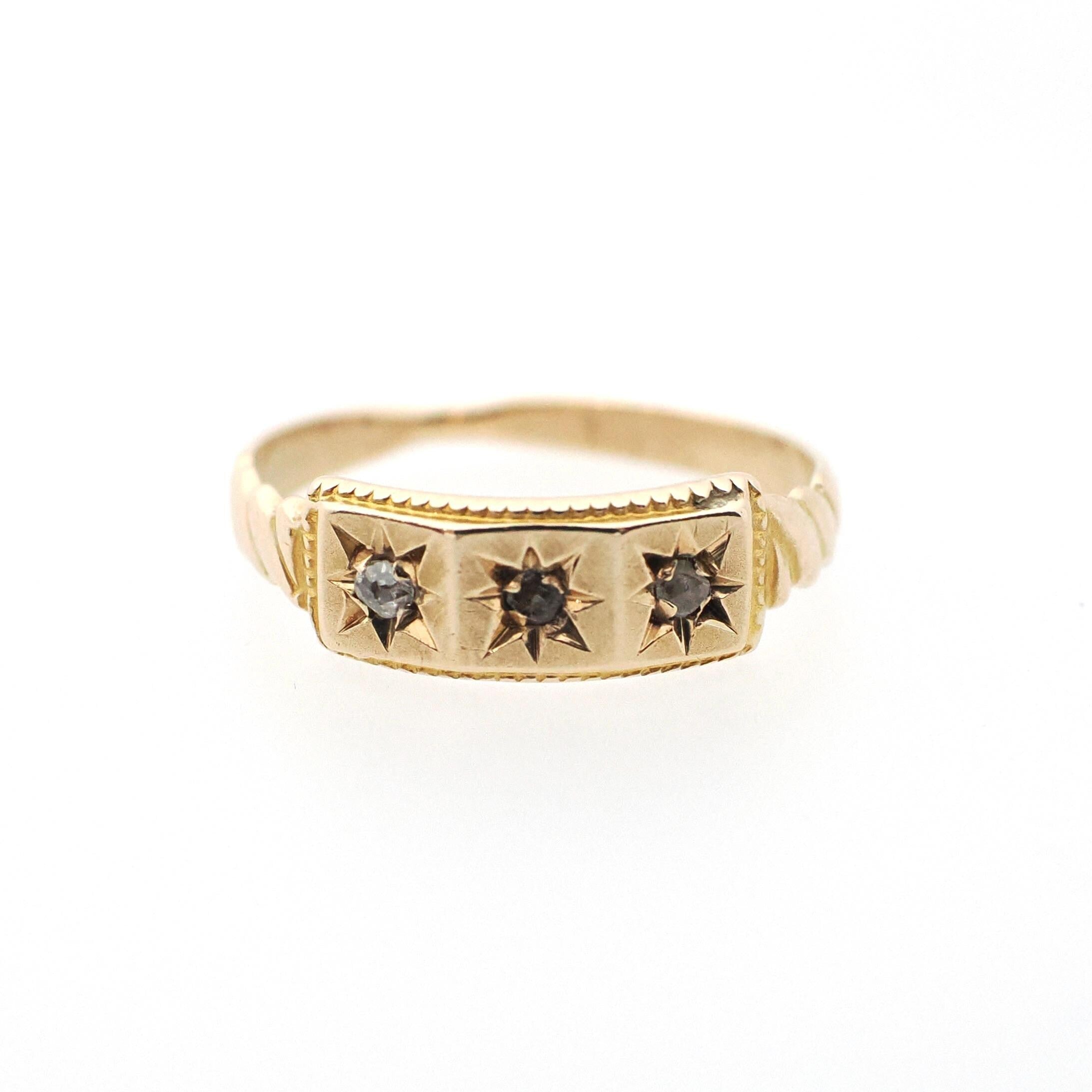 Antique Diamond Midi Ring - Edwardian 10k Yellow Gold Natural Gemstones - Circa Early 1900s Era Size 1 Pinky Children's Baby Fine Jewelry