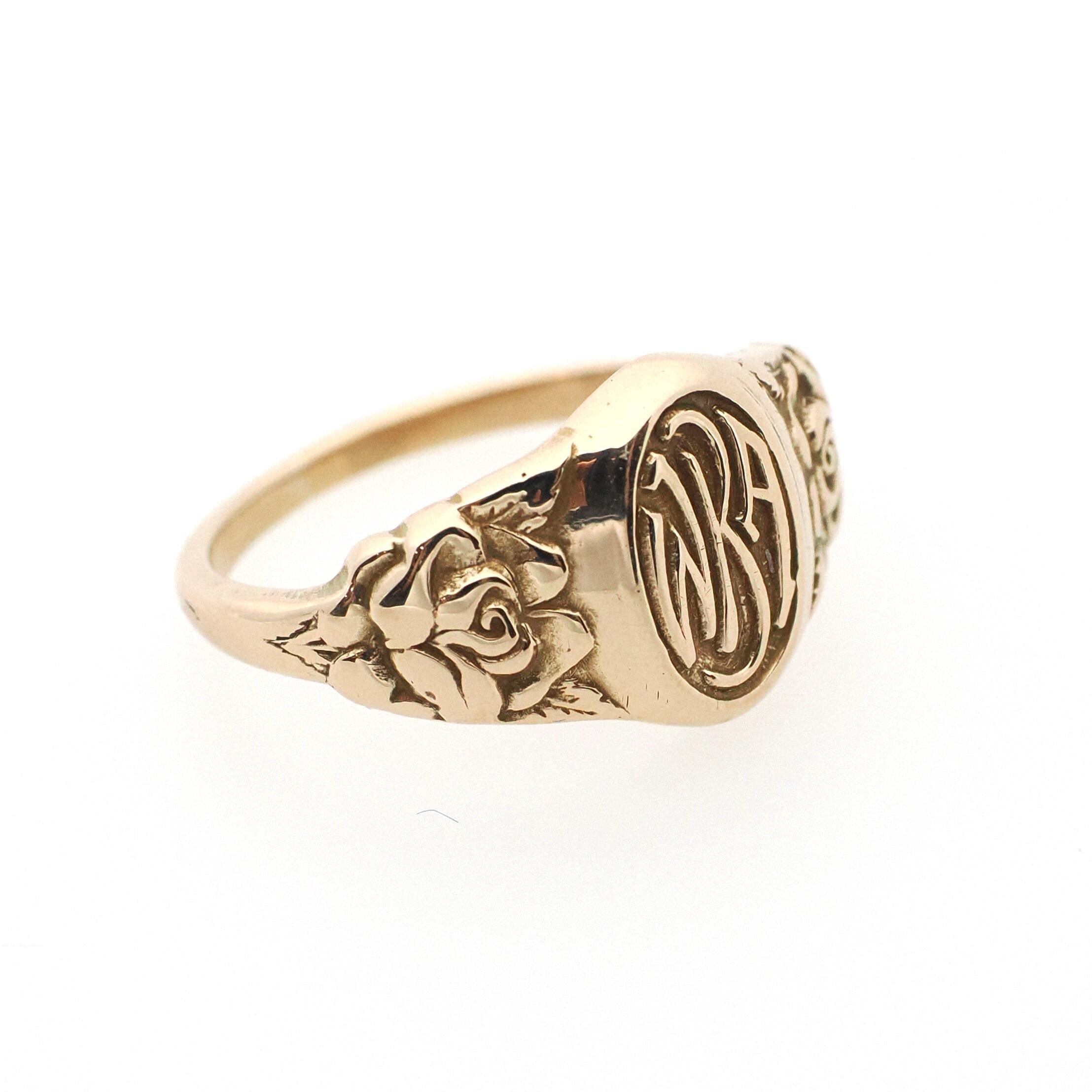 Antique "WKA" Signet Ring - Art Deco Era 10k Yellow Gold Engraved Initial Letters Unisex - Stamped 1923 Size 6 Floral Flower Fine Jewelry