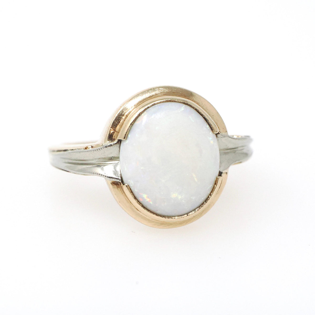 Vintage Opal Ring - Mid Century 10k Yellow Gold Natural Cabochon Gemstone Solitaire - Circa 1960s Size 7 3/4 October Birthstone Fine Jewelry
