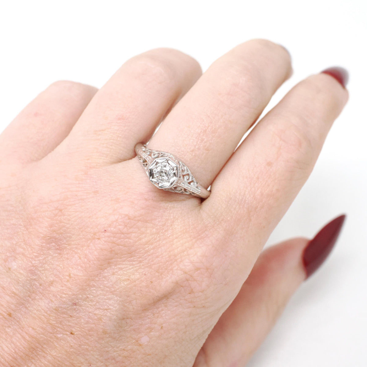 Art Deco Engagement Ring - Vintage 14k White Gold Filigree 0.18 CT Old European Diamond Solitaire - Circa 1930s Era Size 8 1/2 Fine Jewelry