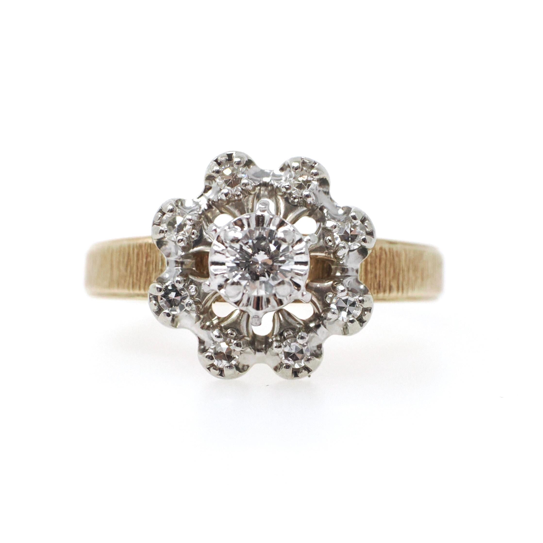 Diamond Engagement Ring - Modernist 14k Yellow & White Gold .33 CTW Floral Cluster Halo - Circa 1970s Era Size 7 3/4 Fine Engagement Jewelry