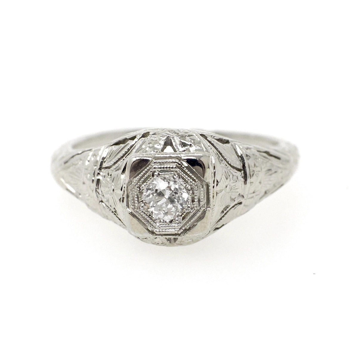 Art Deco Engagement Ring - Antique 18k White Gold Filigree 0.15 CT Old European Cut Diamond Solitaire - Circa 1920s Era Size 6 Fine Jewelry