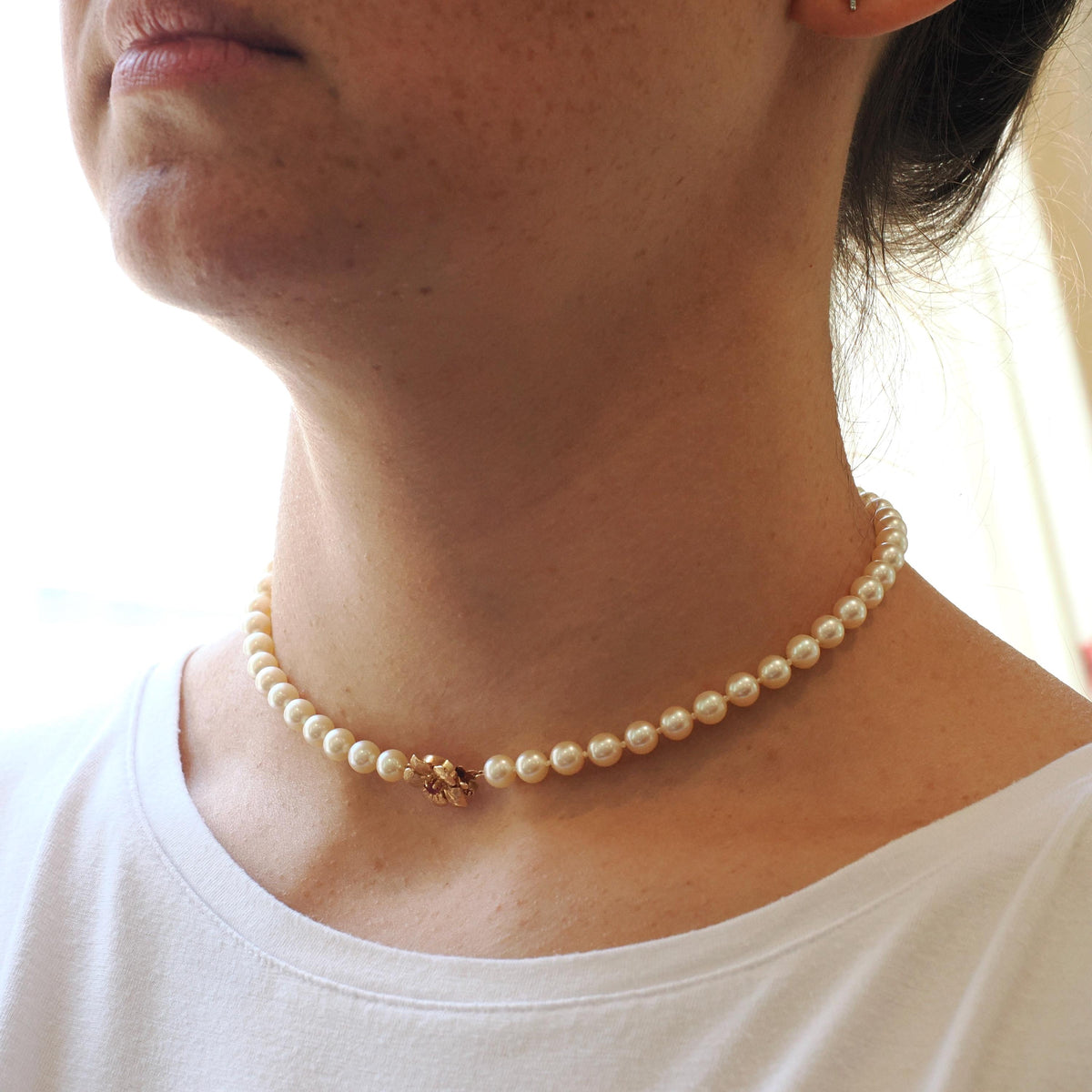 Pearl Strand Necklace - Estate 14k Yellow Gold Flower Clasp Ruby Accent 6 MM Freshwater Beads - Contemporary Era Choker Fine Jewelry