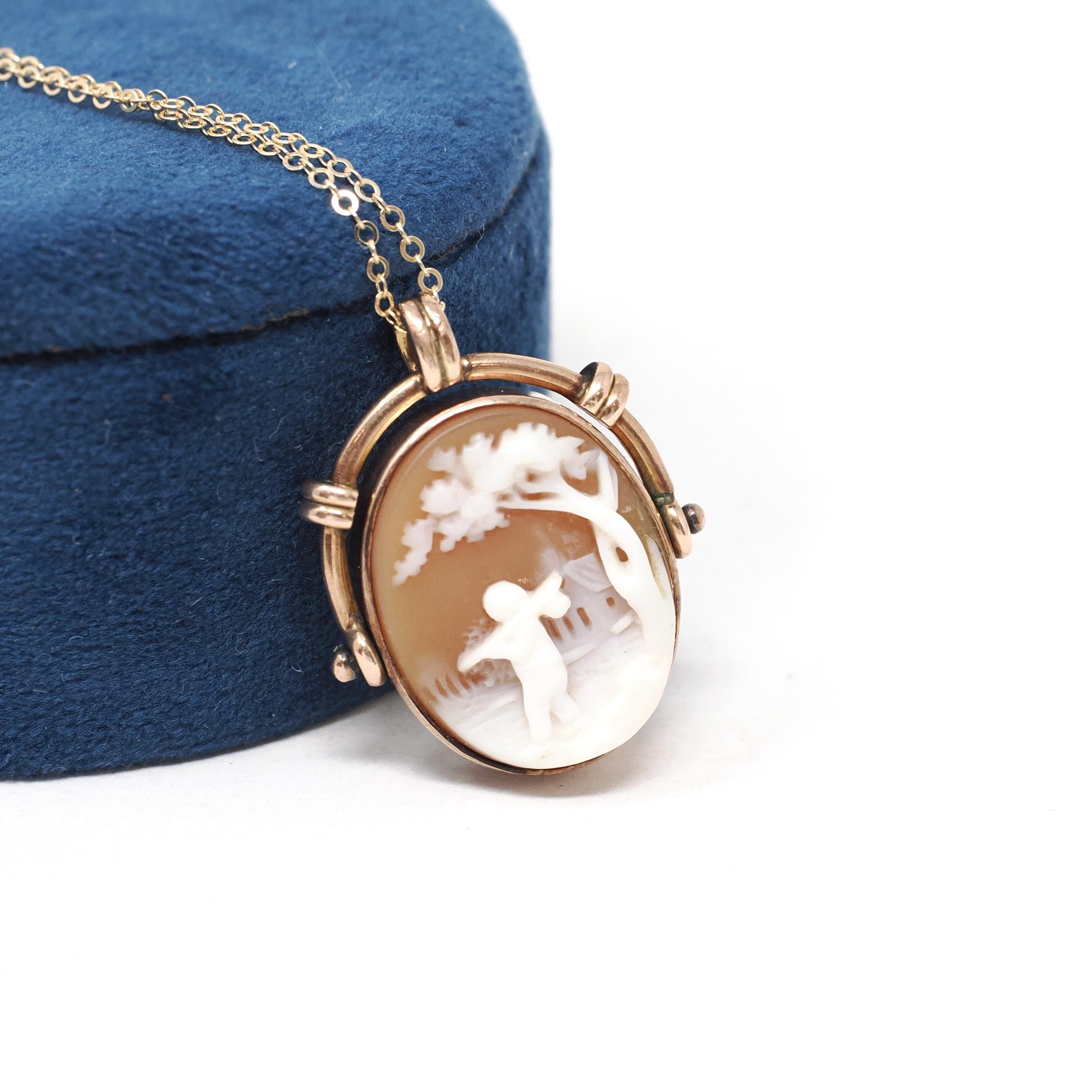 Antique Flip Pendant - Victorian 10K Rosy Yellow Gold Carved Shell Cameo Spinner Necklace - Dated July 8th 1885 Two Sided Statement Jewelry